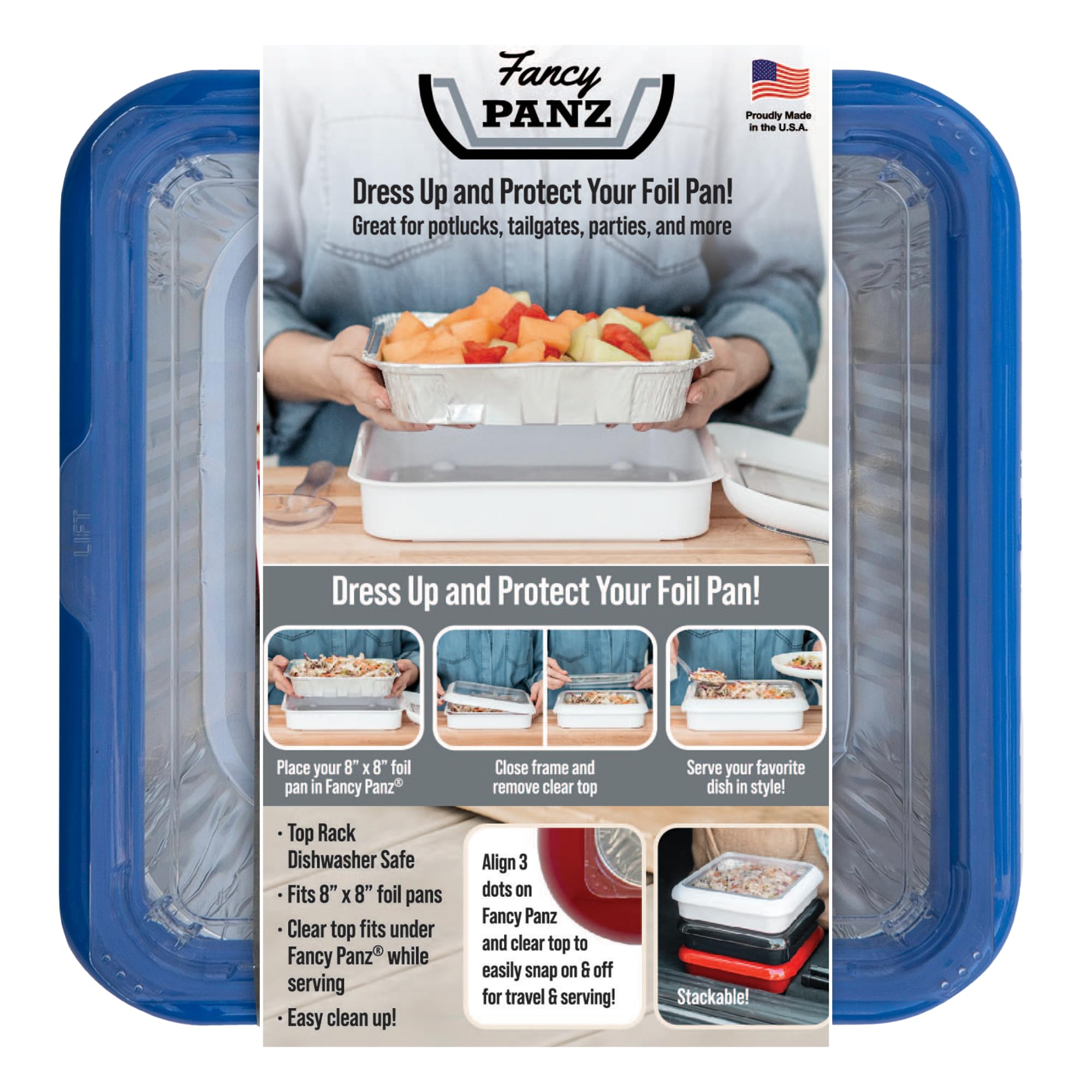 Fancy Panz 8 x 8-Inch Dress Up and Protect Your Foil Pan, Made in USA, 8x8 Foil Pan for Hot or Cold Food, Stackable for Easy Tra