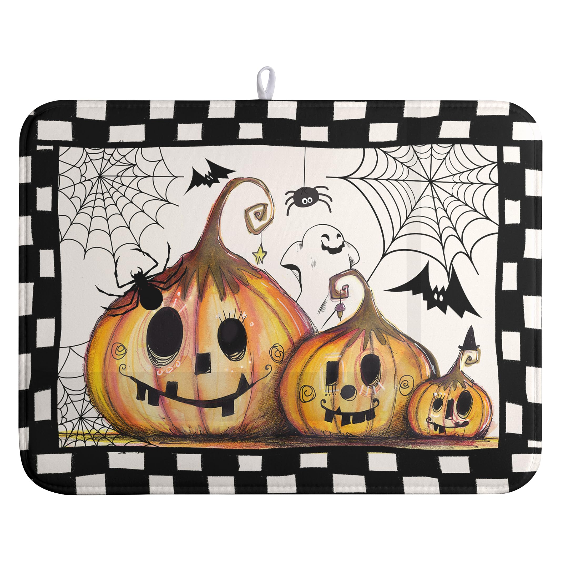 Wnoesat Happy Halloween Fall Pumpkin Dish Drying Mat for Kitchen Counter 18x24 In Spooky Ghost Bats Spider Web Buffalo Plaid Dry