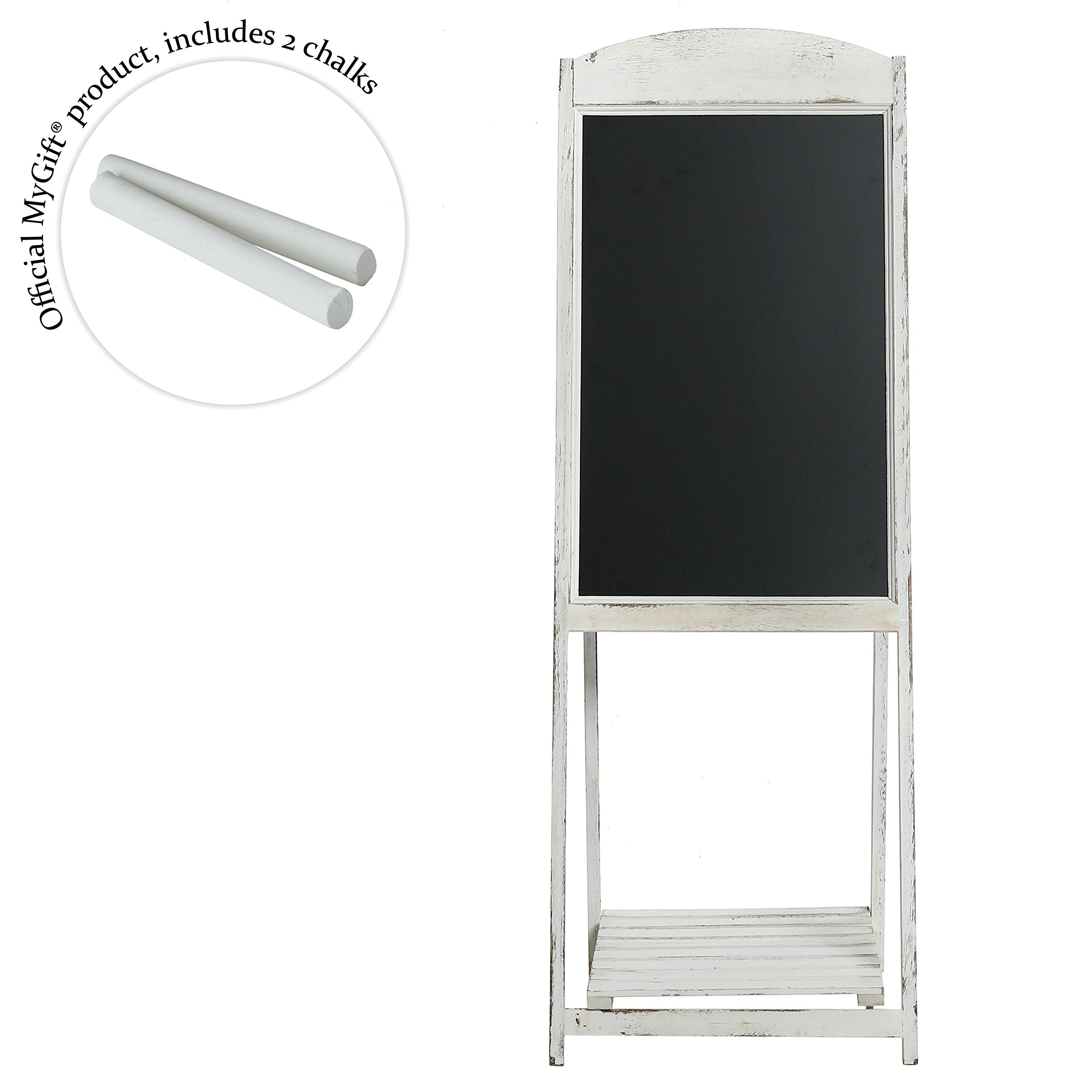 MyGift 45 Inch Tall Vintage White Weathered Paulownia Wood Sidewalk Chalkboard Sign with Plant Shelf Stand, Freestanding A-Frame