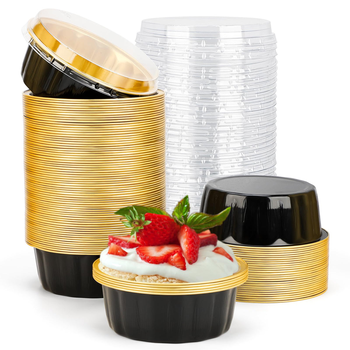 Beasea Disposable Ramekins 8Oz, 100 Pack Black Gold Aluminum Foil Cups With Lids, Disposable Creme Brulee Muffin Cupcake Baking
