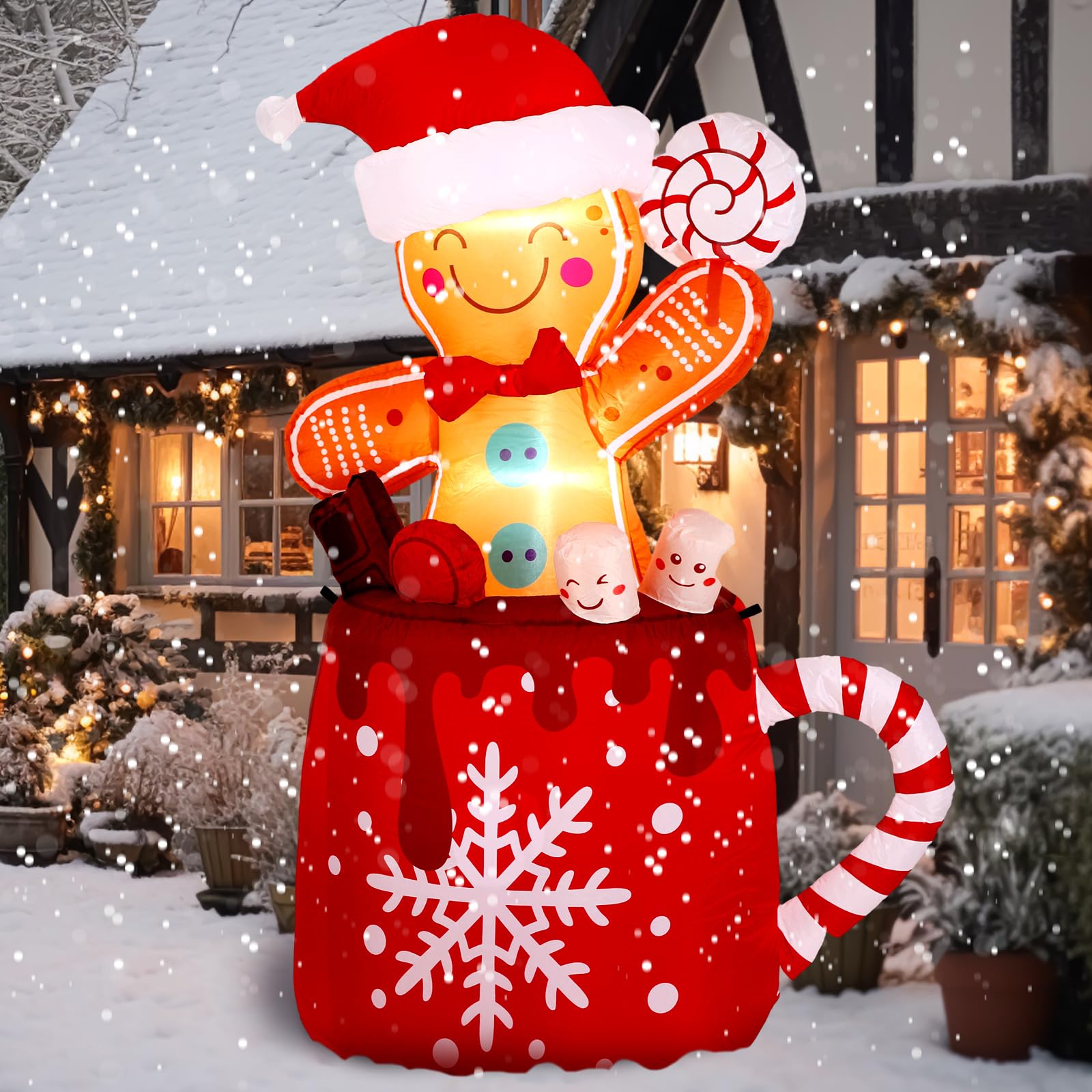 Crowye 6 FT Christmas Inflatables Gingerbread Inflatable Christmas Outdoor Decorations Cute Blow up Gingerbread Man in Hot Cocoa