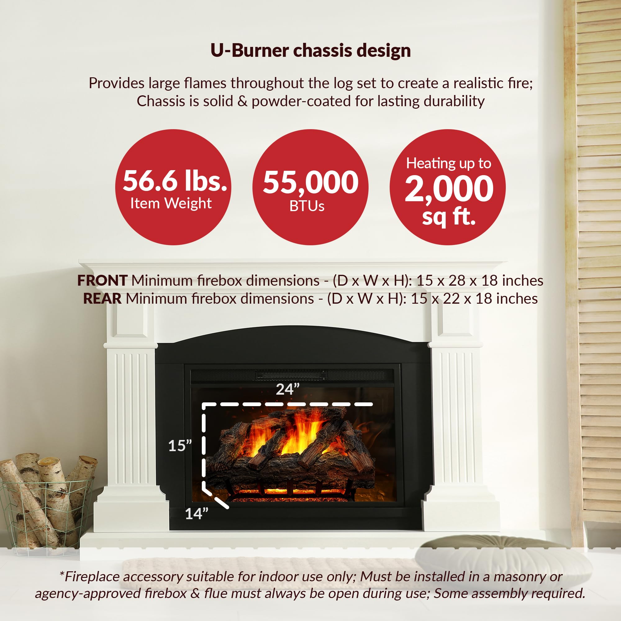 Hearthsense Mo24Hvl Natural Gas Vented Fireplace Logs Set With Match Light, 55000 Btu, Heats Up To 2000 Sq. Ft, Mountain Oak, 24