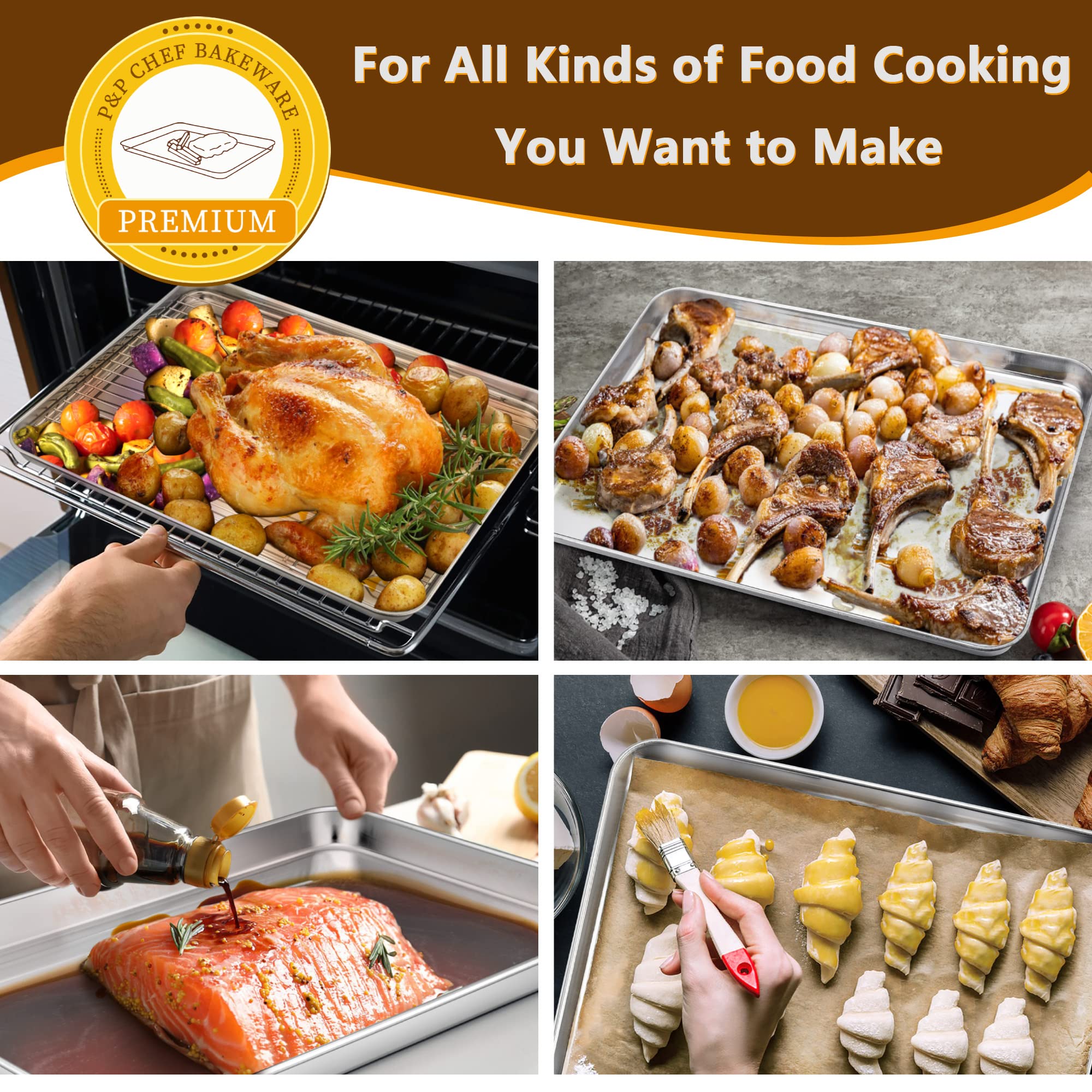 Baking Sheet And Rack Set, P&P Chef Stainless Steel Cookie Sheet Baking Pan Tray With Cooling Rack, Non Toxic & Healthy, Rust Fr