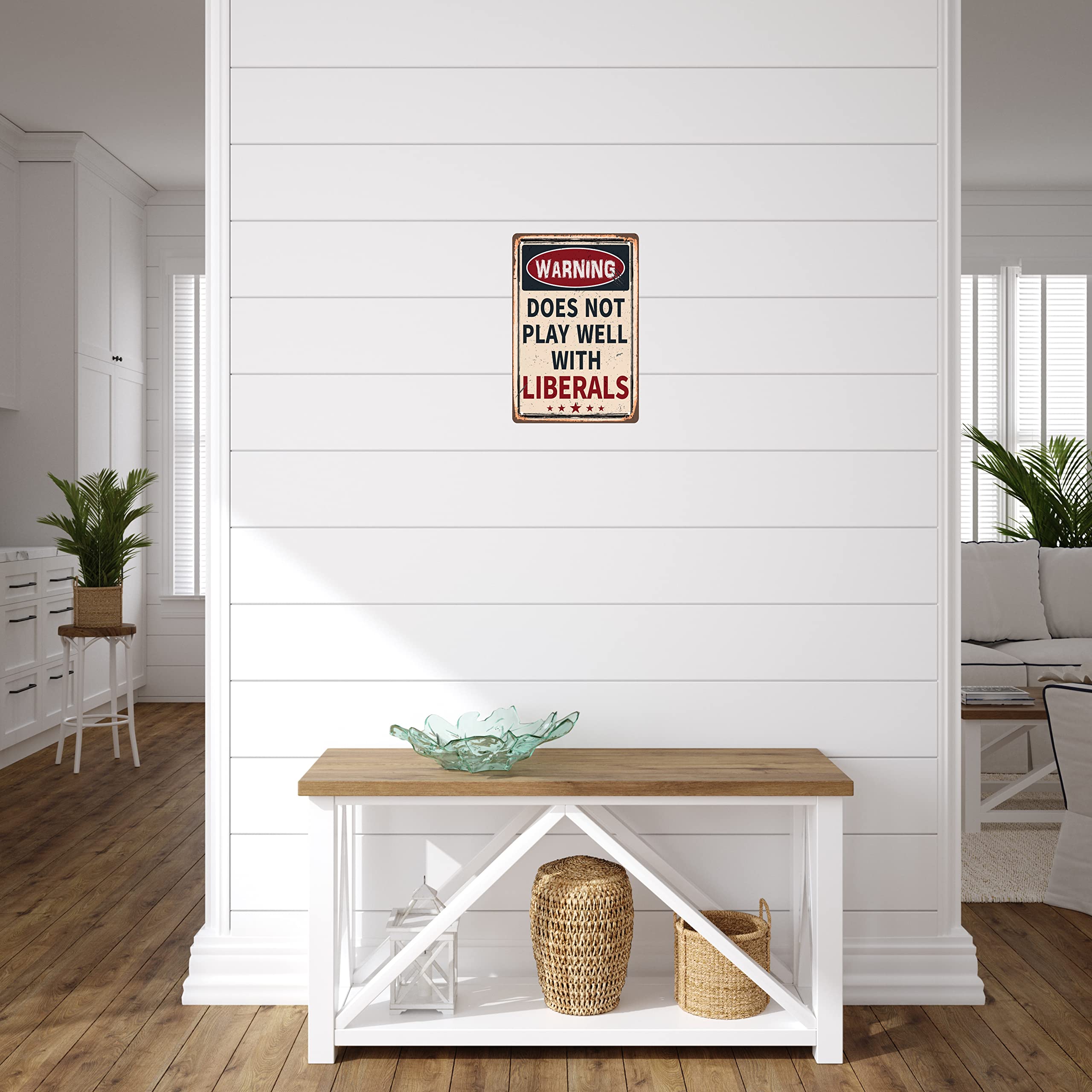 Cswljs Funny Retro Metal Tin Sign - Warning Does Not Play Well With Liberals - For Plaque Poster Cafe Bar Wall Art Sign Gift 8 X