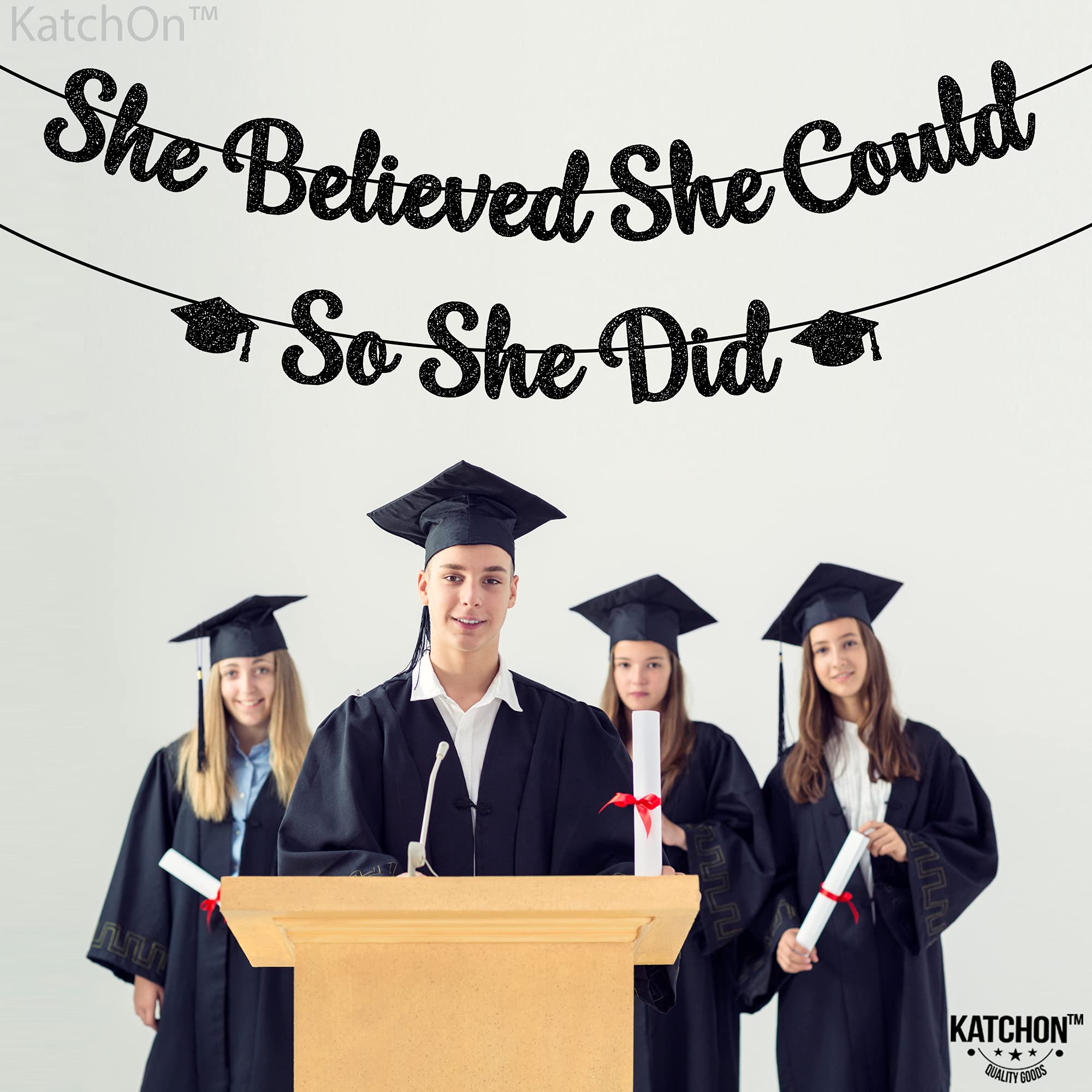 Katchon, She Believed She Could So She Did Banner - Glitter, 10 Feet, No Diy | Black You Did It Banner For Graduation Decoration
