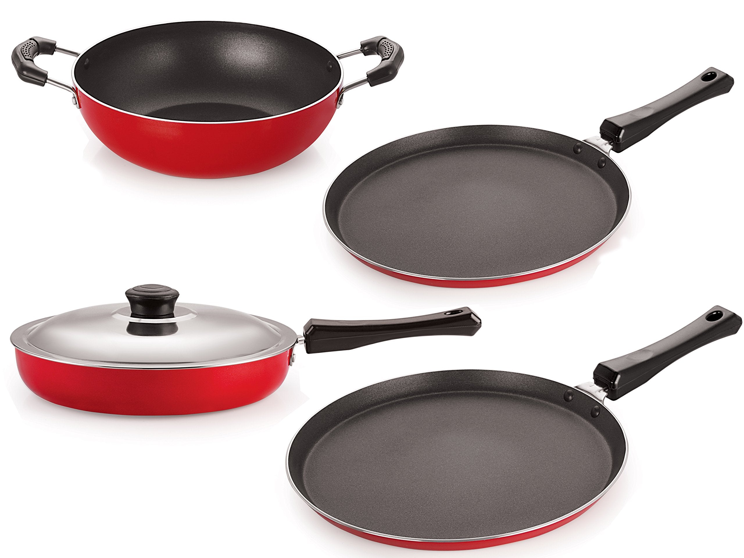 Nirlon NonStick Cookware Kitchen Cooking Utencil Combo Set Offer, (Ft13_Fp12_Kd12_Ft10),Red & Black Color