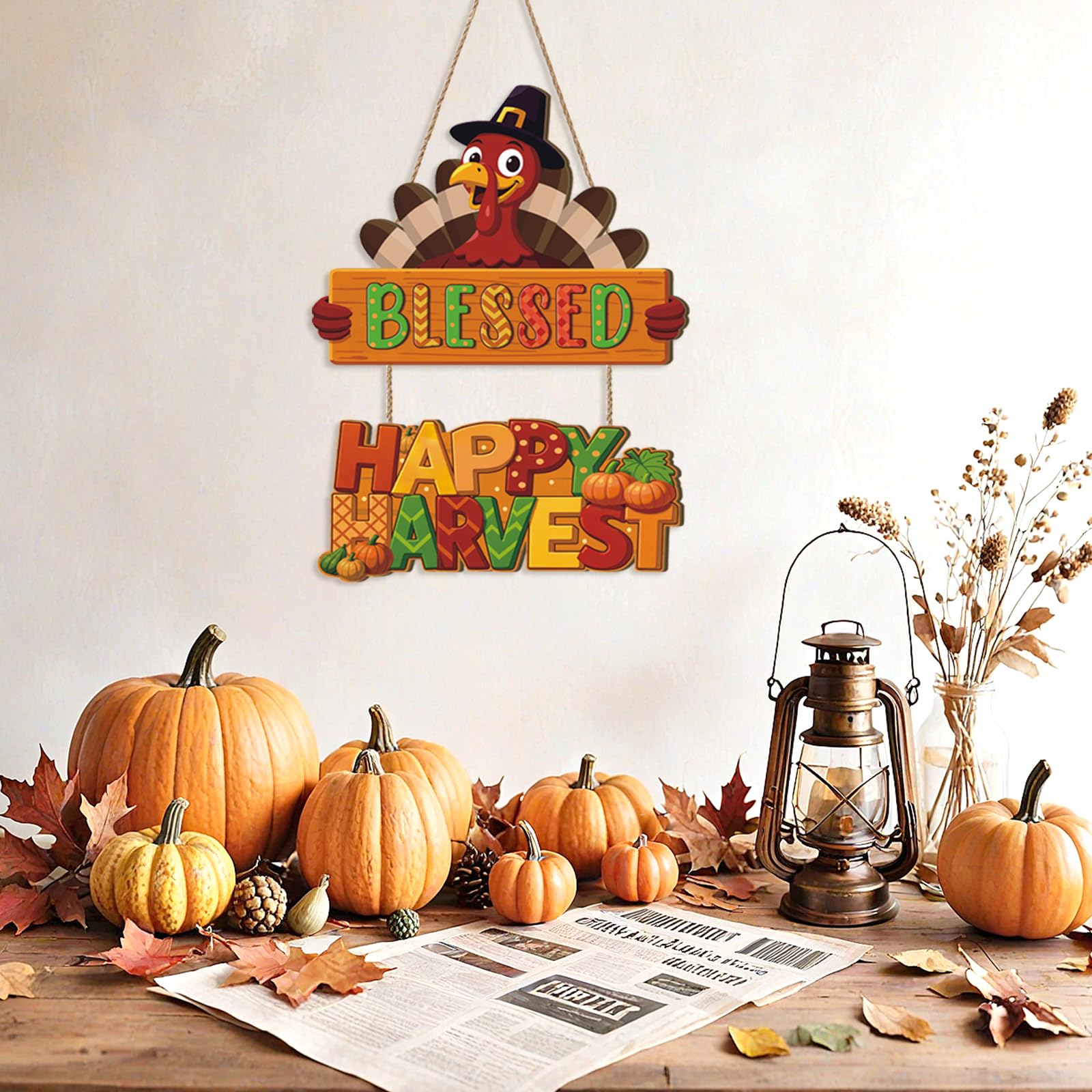 Ausril Thanksgiving Turkey Door Hanging,Autumn Turkey Shape Door Decor,Happy Harvest Wooden Sign,Fall Bless Harvest Wall Plaque,