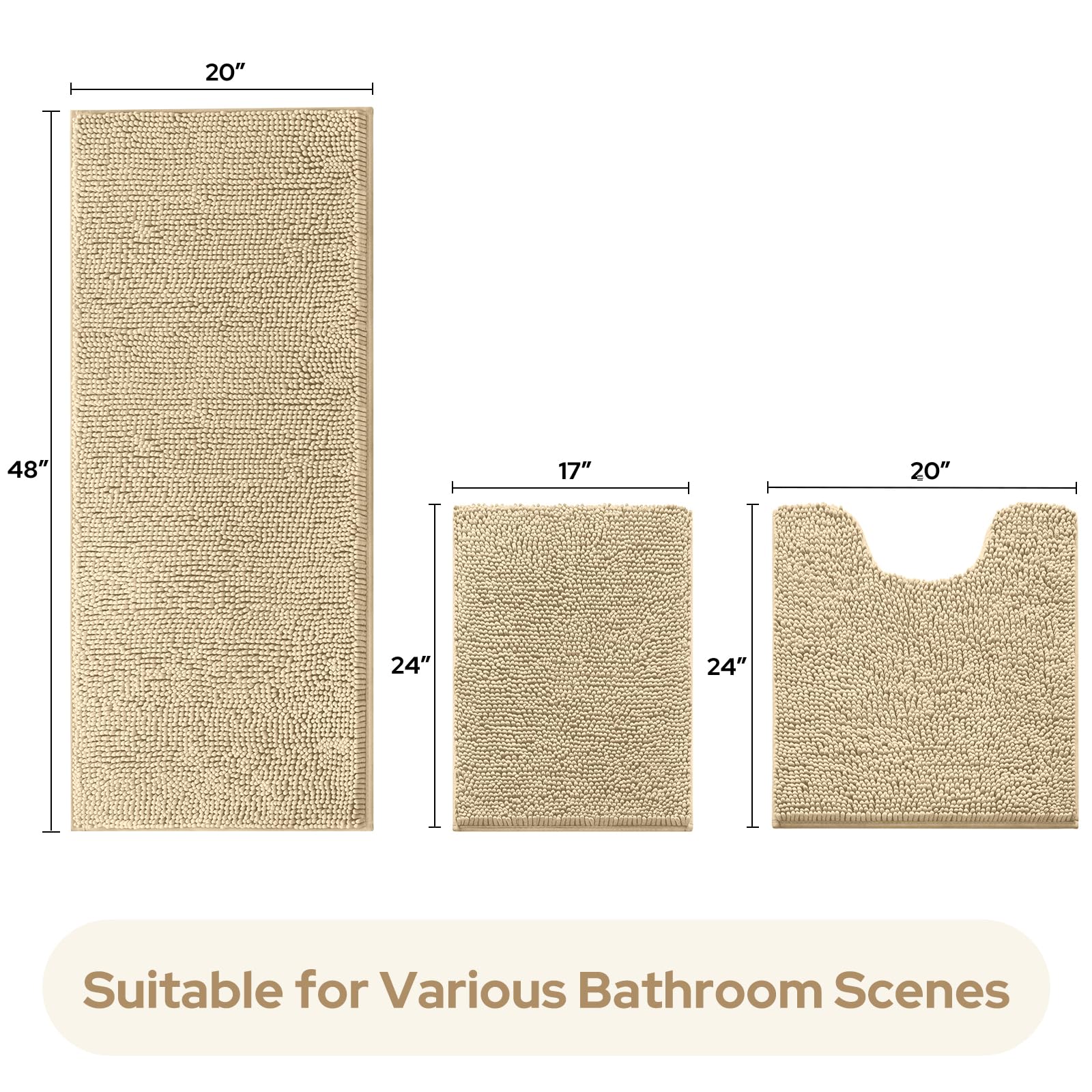 Homeideas 3 Pieces Bathroom Rugs, Extra Large Ultra Soft Non Slip Absorbent Chenille Toilet Bath Mat Set (Beige)