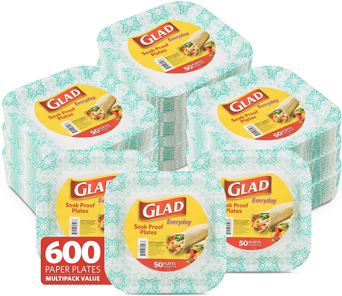 Glad Disposable Square Paper Plates With Aqua Victorian Design, 8.5 Inch Paper Plates | Heavy Duty Soak Proof Cut-Proof Paper Pl