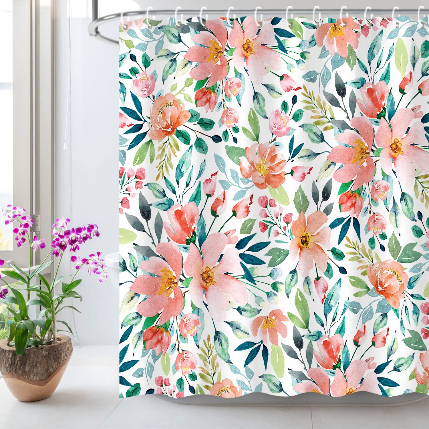 Livilan Pink Floral Shower Curtain, Flowers With Green Leaf Fabric Bathroom Curtains Set With Hooks, Blue And Pink Shower Curtai