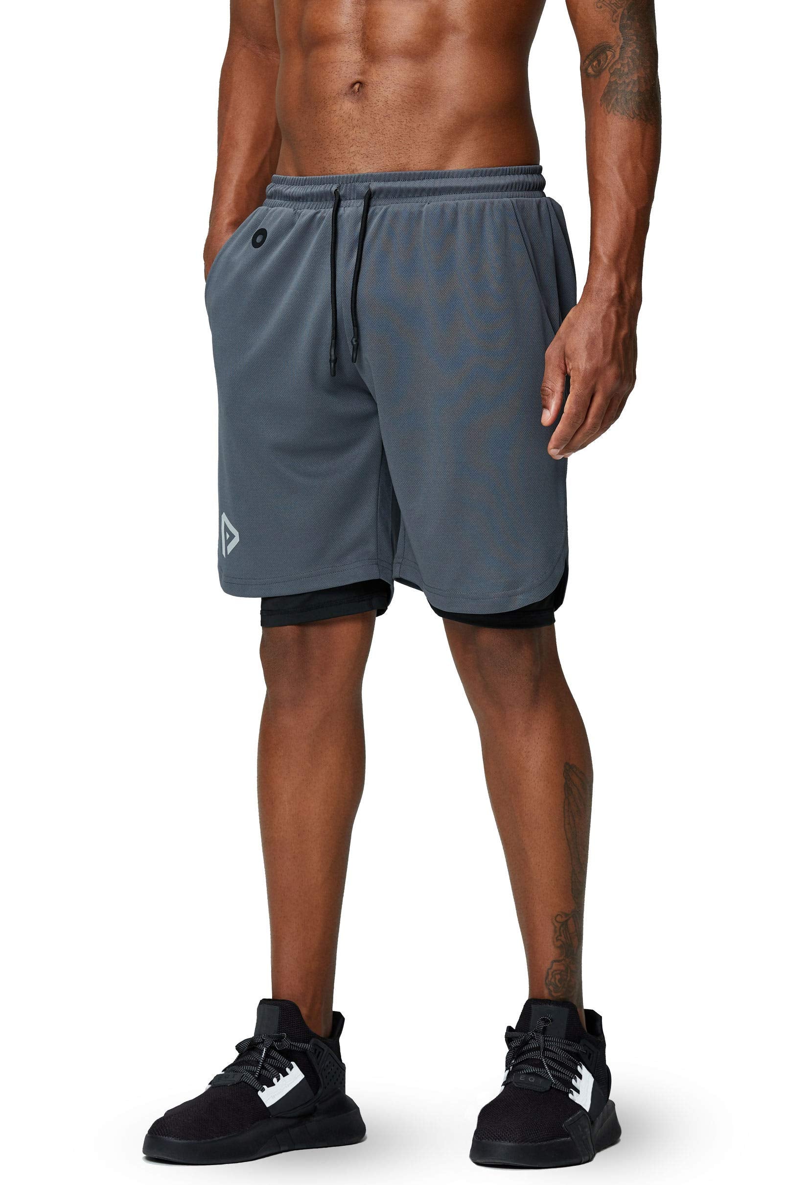 Pinkbomb Mens 2 In 1 Running Shorts Gym Workout Quick Dry Mens Shorts With Phone Pocket (Grey, Small)