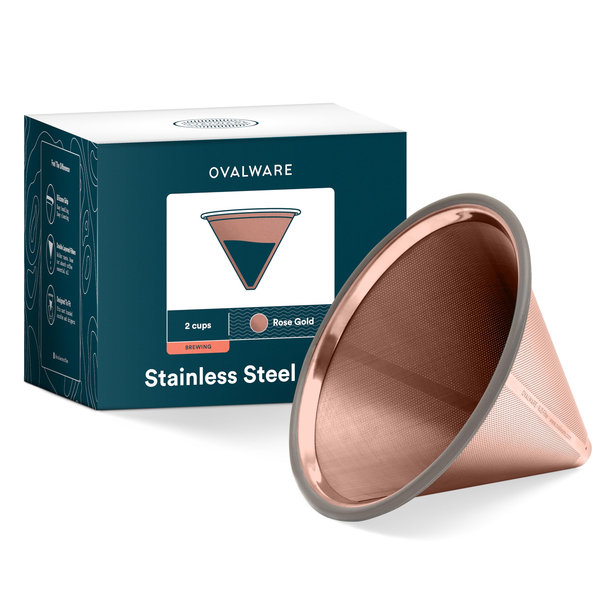 OVALWARE Paperless Stainless Steel Pour Over Coffee Filter - Reusable and Permanent Coffee Cone Dripper for Ovalware  Chemex  Hario and Other Carafes (Titanium Rose Gold)