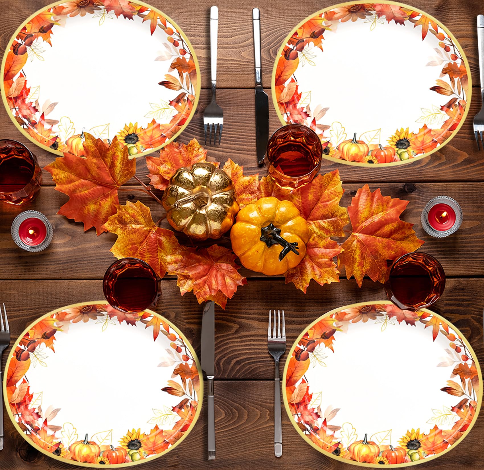 50Pcs Fall Oval Paper Plates Party Supplies Thanksgiving Autumn Plates Disposable Heavy Duty Watercolor Maple Leaves Plate for F