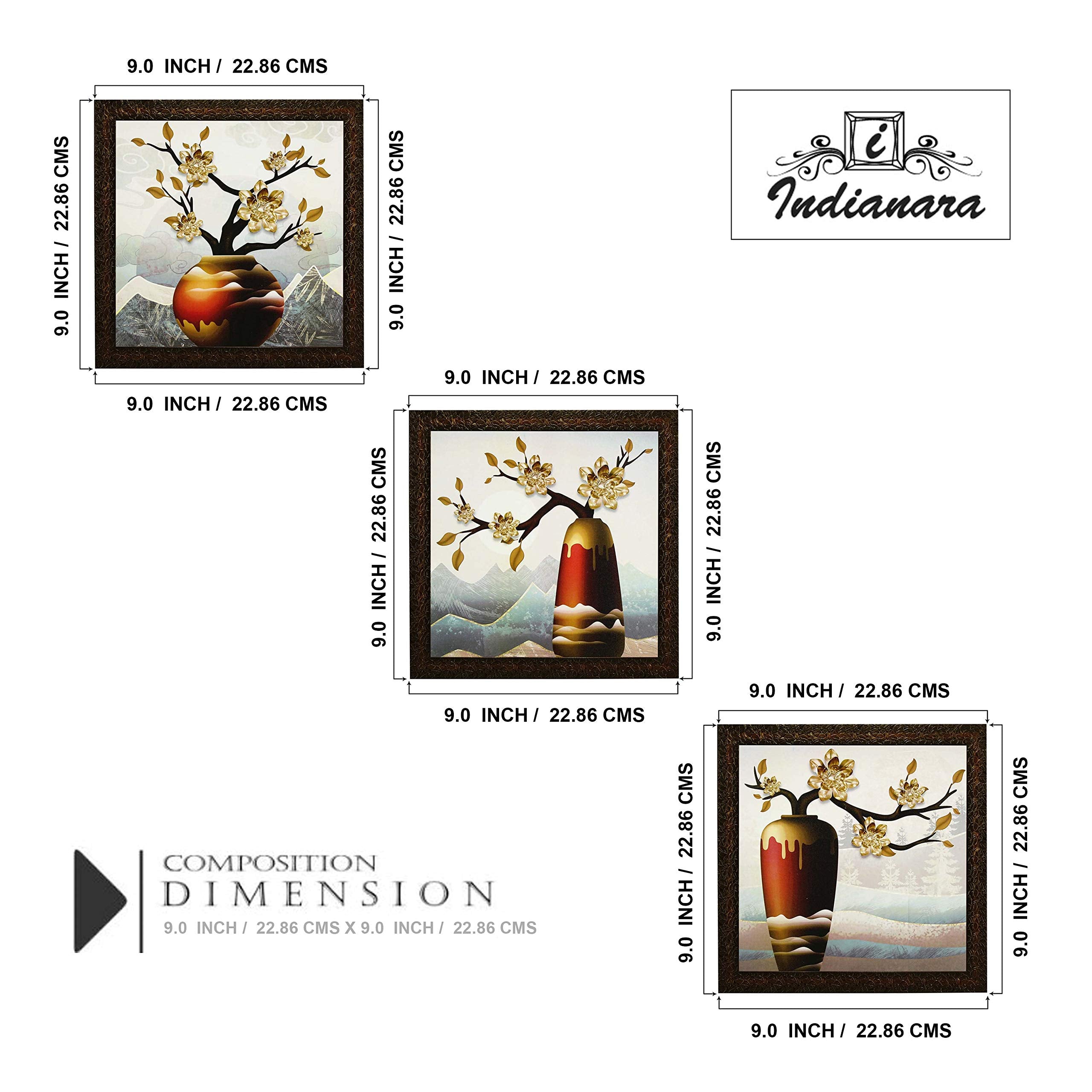 Indianara Set Of 3 Golden Flowers In Vases Framed Wall Hanging Laminated Paintings Matt Art Prints 9 Inch X 9 Inch Each Without