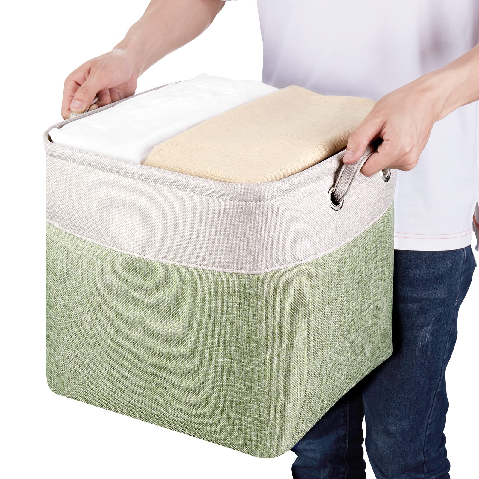 Fabric Cube Storage Boxes Foldable Storage Bins Light Green And Silver Khaki Patchwork Storage Baskets Cube Storage Bins With Ha
