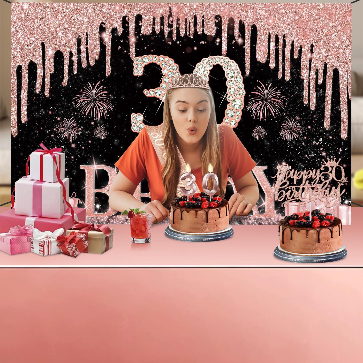 30Th Birthday Decorations For Her With Banner, Rose Gold Tablecloth, Number Balloons, 30Th Birthday Sash And Tiara, Cake Topper