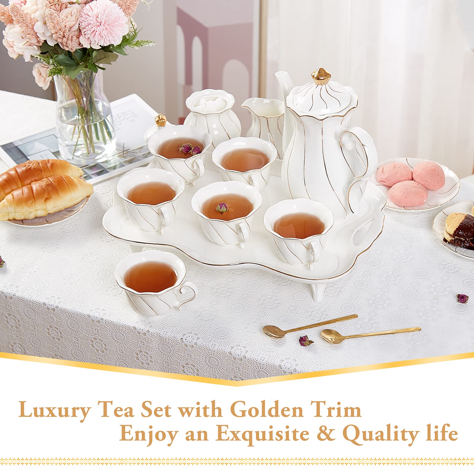 Dujust 14 Pcs Tea Set For 6 With Tea Tray & Spoons, Luxury British Style Tea/Coffee Cup Set With Golden Trim, Beautiful Porcelai