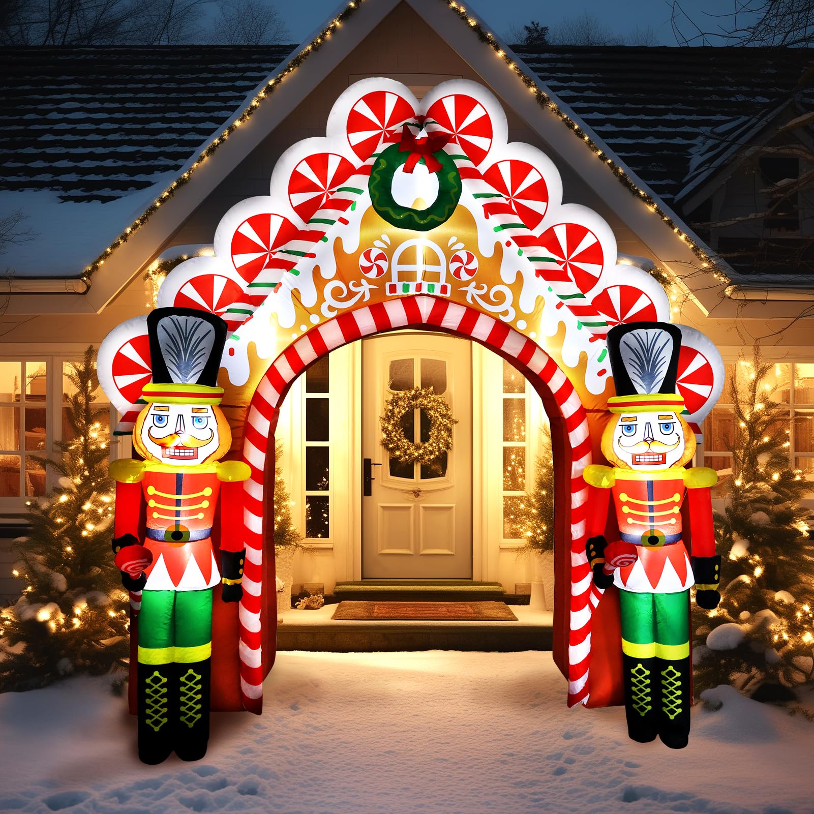 WBHome 10 Ft Christmas Inflatable Gingerbread Candy House with Nutcrackers Outdoor Decorations, Giant Xmas Blow Up Yard Decor wi