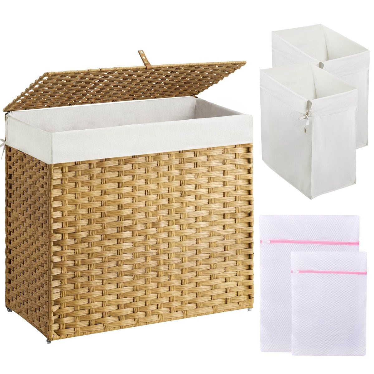 Greenstell Laundry Hamper With Lid, 125L Laundry Basket With 2 Removable Liner Bags & 2 Mesh Bags, Handwoven Synthetic Rattan Cl