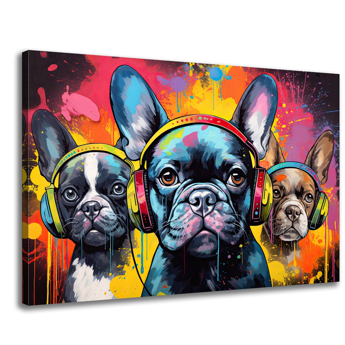 Glokaka Graffiti Dog Wall Art Canvas,Fashion Funny Dog Street Dog Pop Art,Three French Bulldog Picture Painting Print,Colorful A