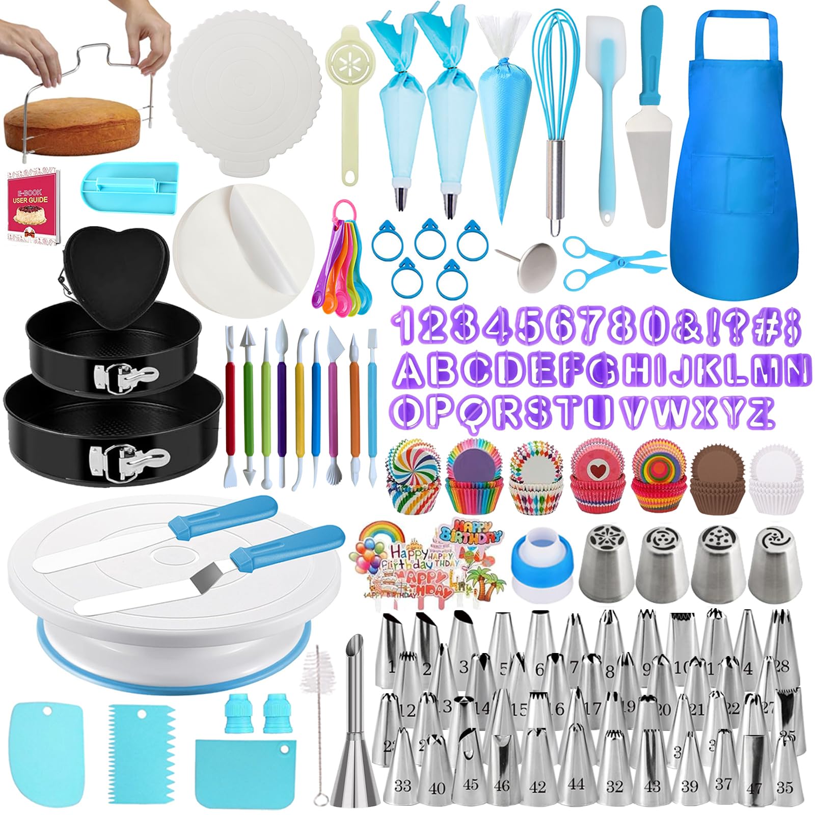 Makmeng 722pcs Cake Decorating Kit - Baking Supplies with Springform Pans, Cake Rotating Turntable, Icing Piping Bags and frosti