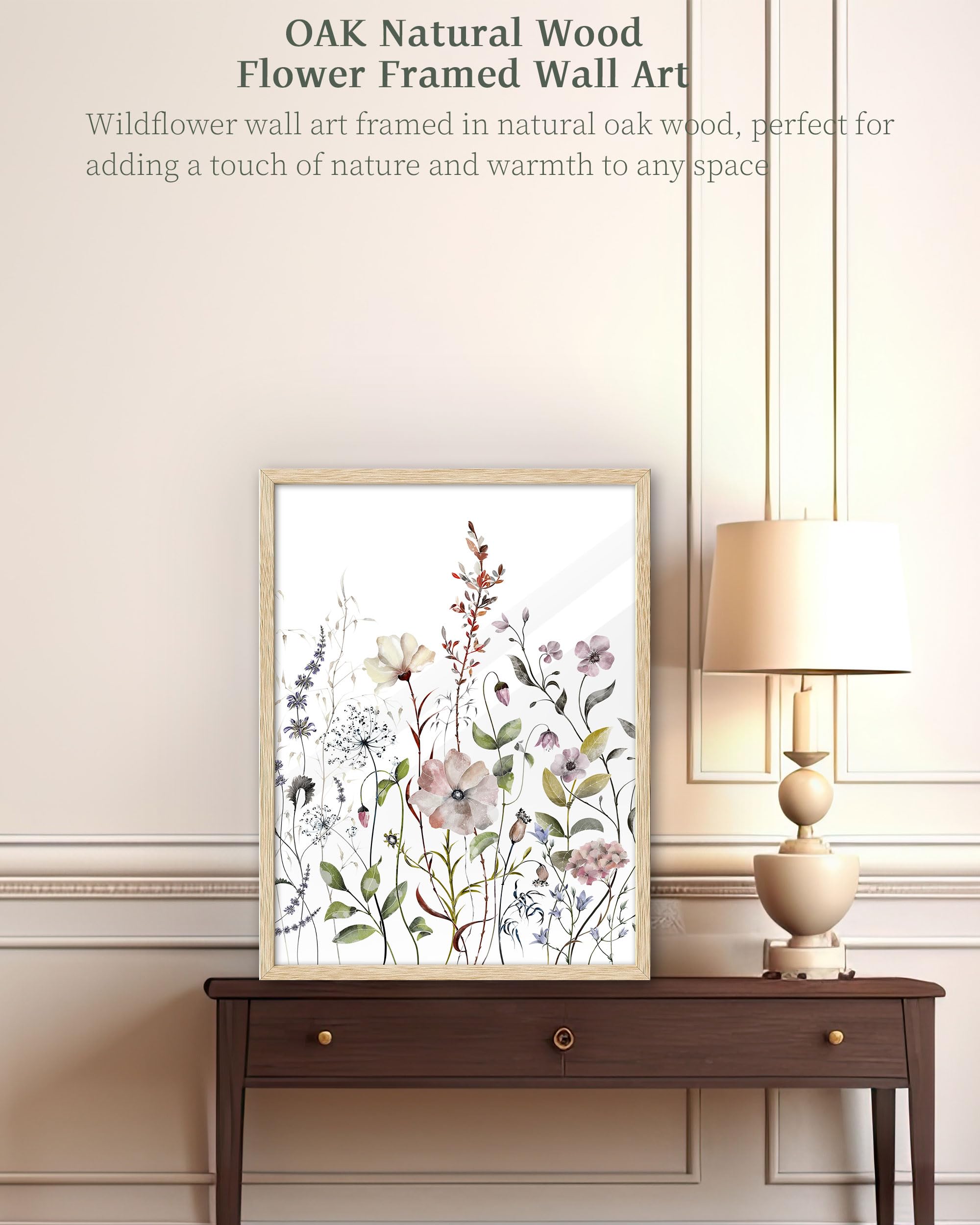 Ihery Natural Oak Wood Framed Combined Floral Wall Art, 12X16 In Set Of 3 Colorful Wildflower Canvas Prints, Beige Narrow Frame