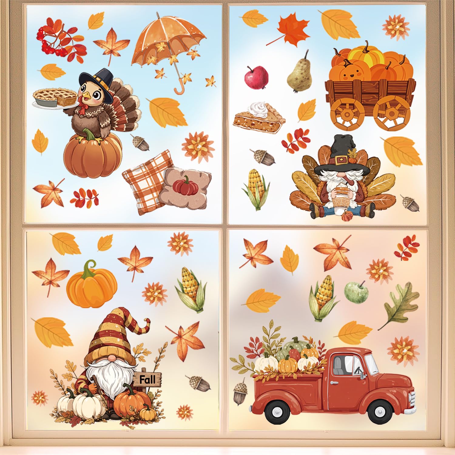 Aryroi Fall Gnome Window Clings,Fall Window Clings for Glass,Thanksgiving Turkey Sticker,Autumn Leaves Truck Pumpkin Pie Wall St