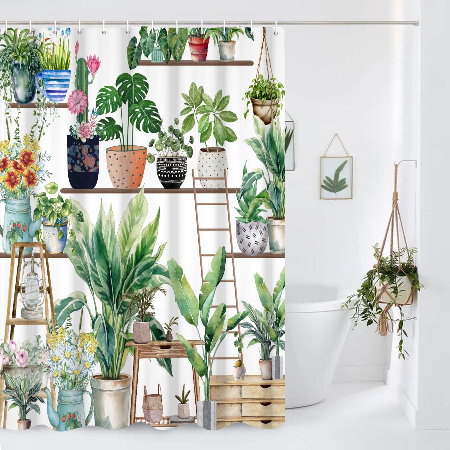 Yanutan Bohemian Plant Shower Curtain, Spring Green Plants Flower Shower Curtain Set For Bathroom, Natural Arboretum Botanical G