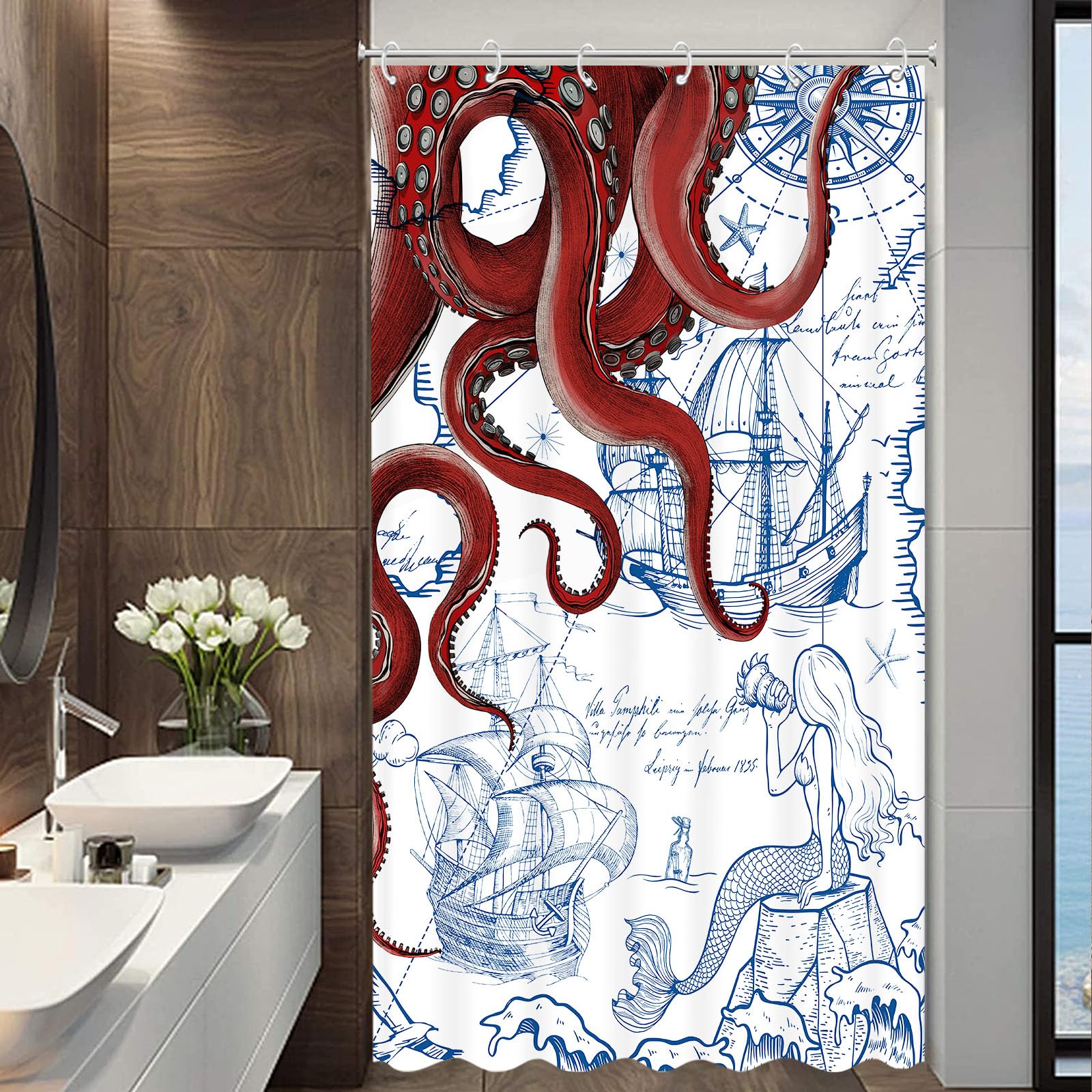 Fungarth Stall Red Nautical Octopus Shower Curtain Navy Blue Mermaid Funny Ocean Kraken Shower Curtains For Bathroom Cool Anchor