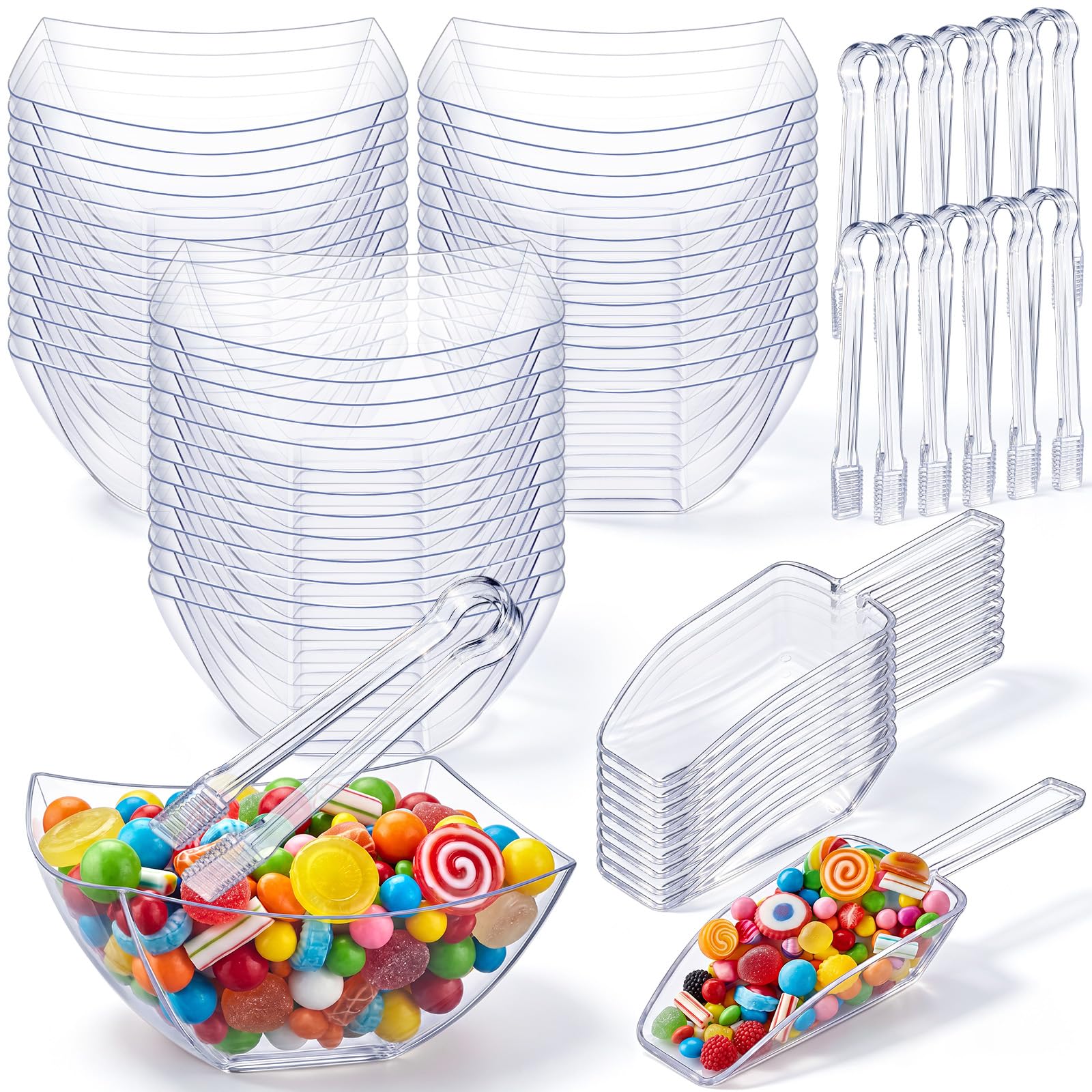 Vesici 72 Pcs 16 oz Clear Plastic Candy Bowls 36 Pcs with 18 Scoops and 18 Tongs Set Disposable Dessert Square Bowl Buffet Conta
