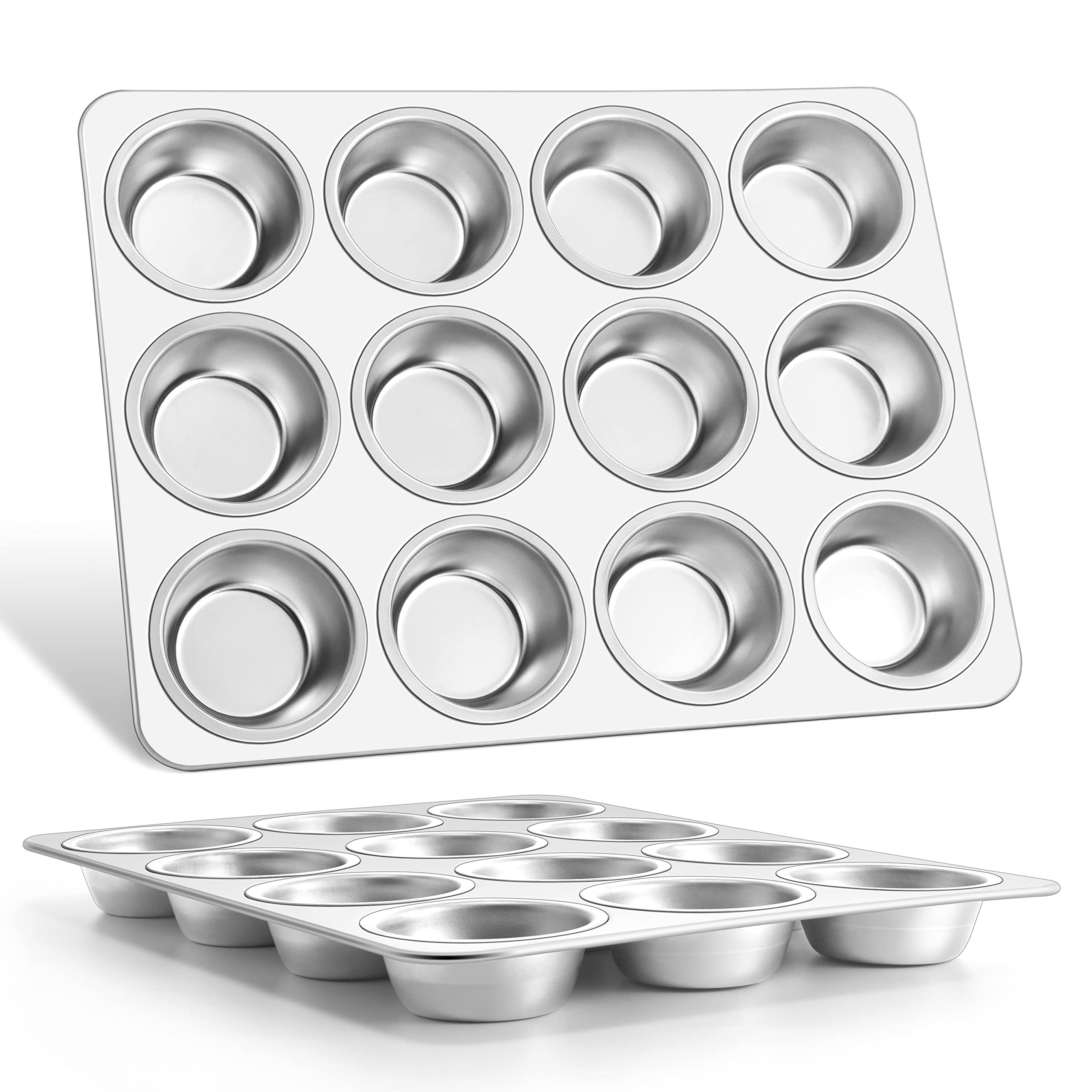E-Far Muffin Pan 12-Cup, Set Of 2, Stainless Steel Cupcake Pan Metal Muffin Baking Tins For Oven, Regular Size & Easy Clean, Non