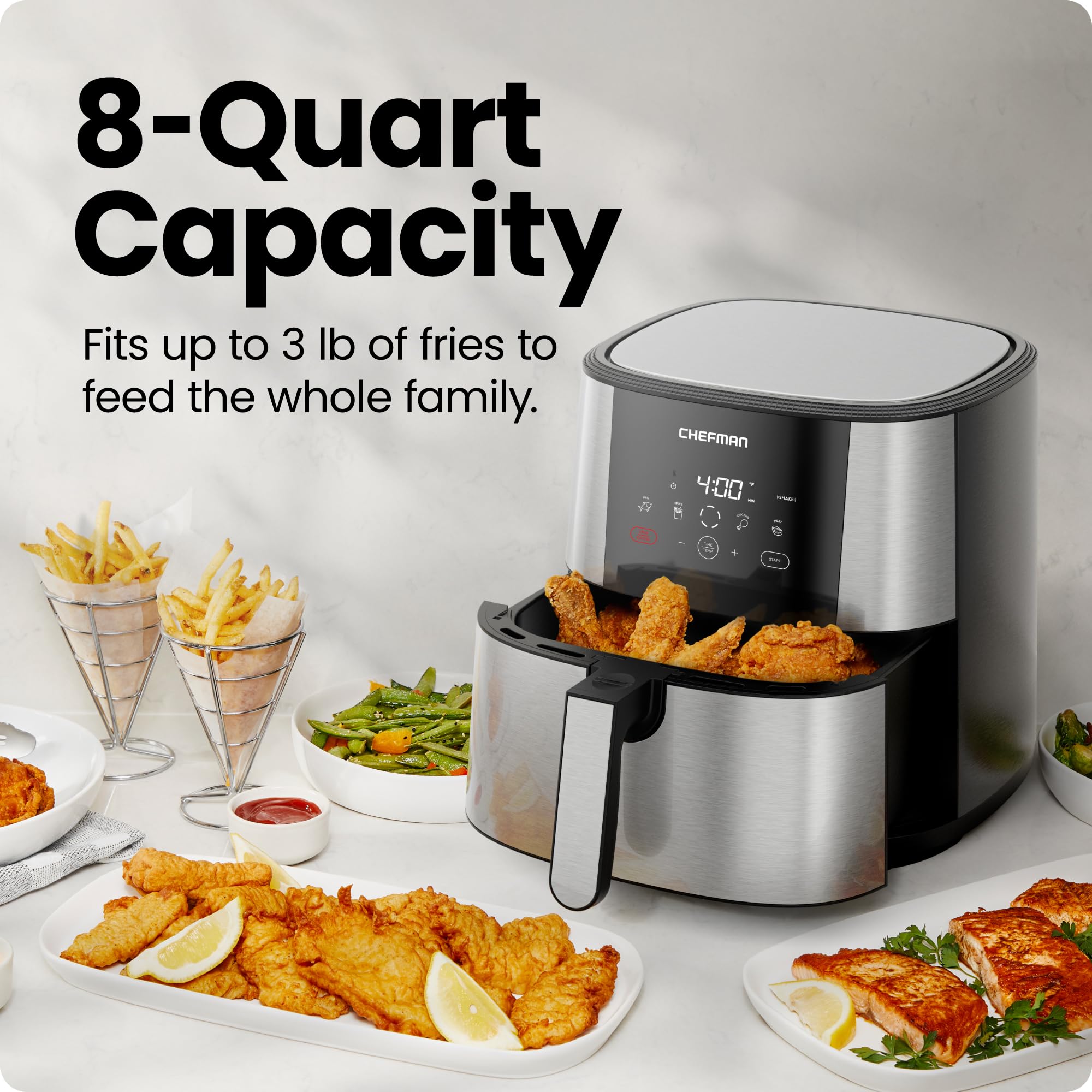 Chefman TurboFry Touch Air Fryer  XL 8-Qt Family Size  One-Touch Digital Control Presets  French Fries  Chicken  Meat  Fish  Nonstick Dishwasher-Safe Parts  Automatic Shutoff  Stainless Steel