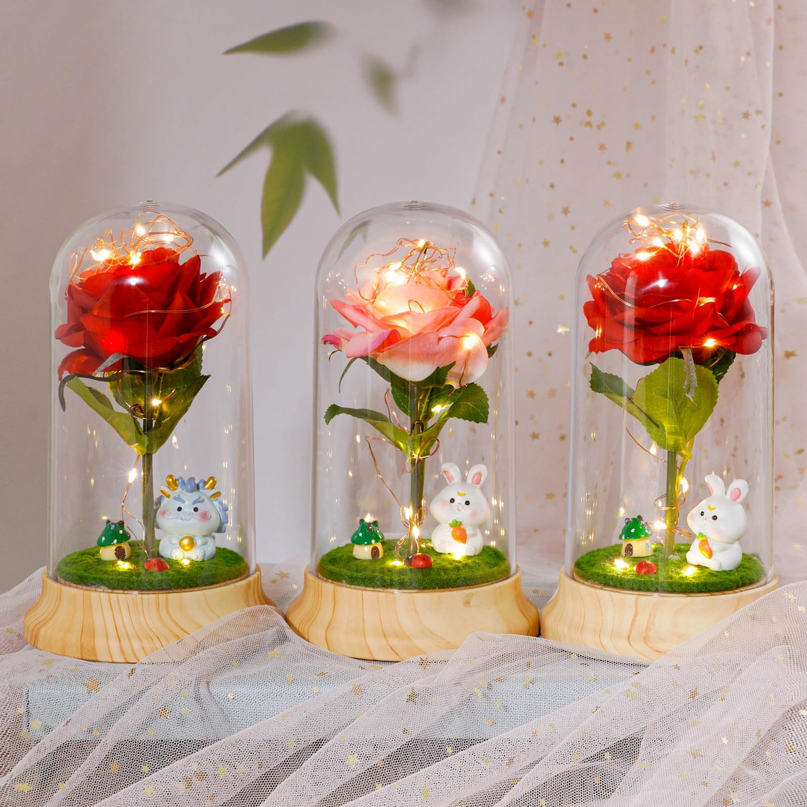 Red Roses from Daughter for Mom Mothers Day, Beauty and The Beast Rose, with LED Light Up Plastic Rose in Dome, for Wife Grandma