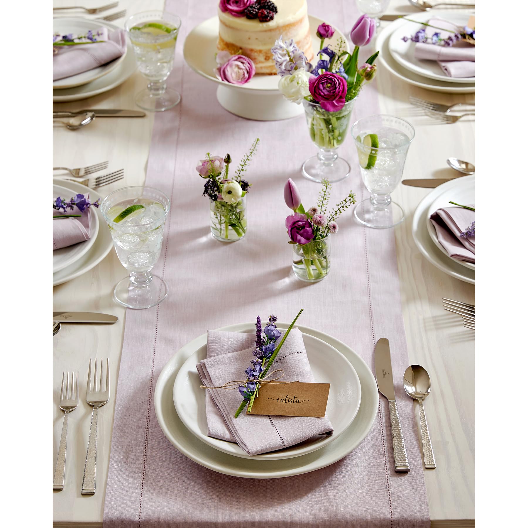 Solino Home Linen Lilac Table Runner 132 Inches Long - 100% Pure Linen Classic Hemstitch Dining Table Runner 14 X 132 Inch Ideal