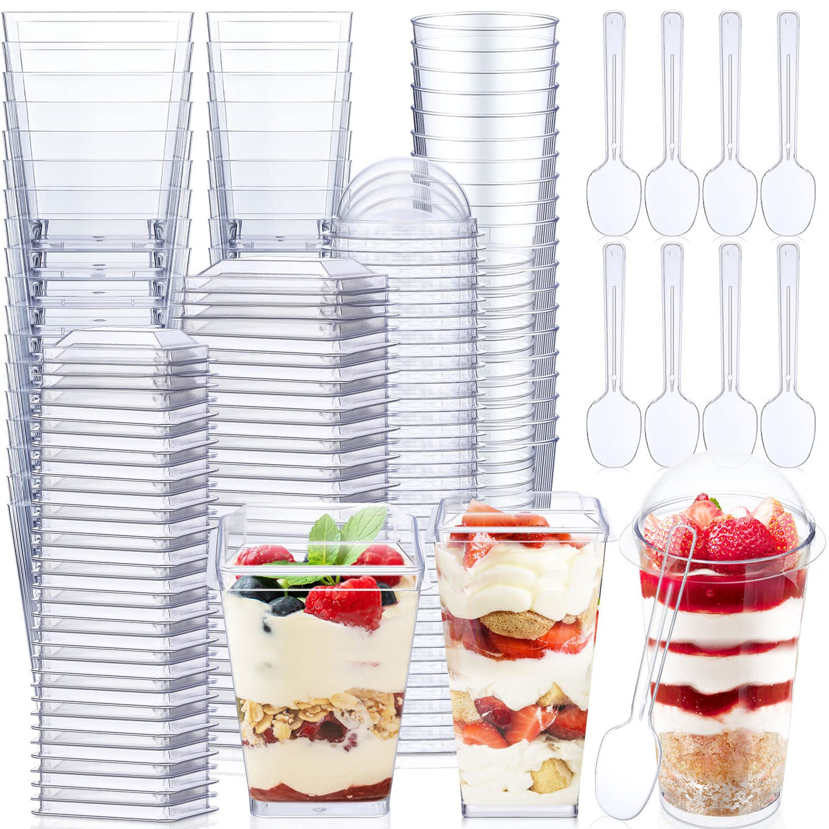 Jerify 150 Pack Plastic Dessert Cups With Lids And Spoons 3 Oz Mini Dessert Cups With Spoons 5.4 Oz Square Clear Dessert Shooter