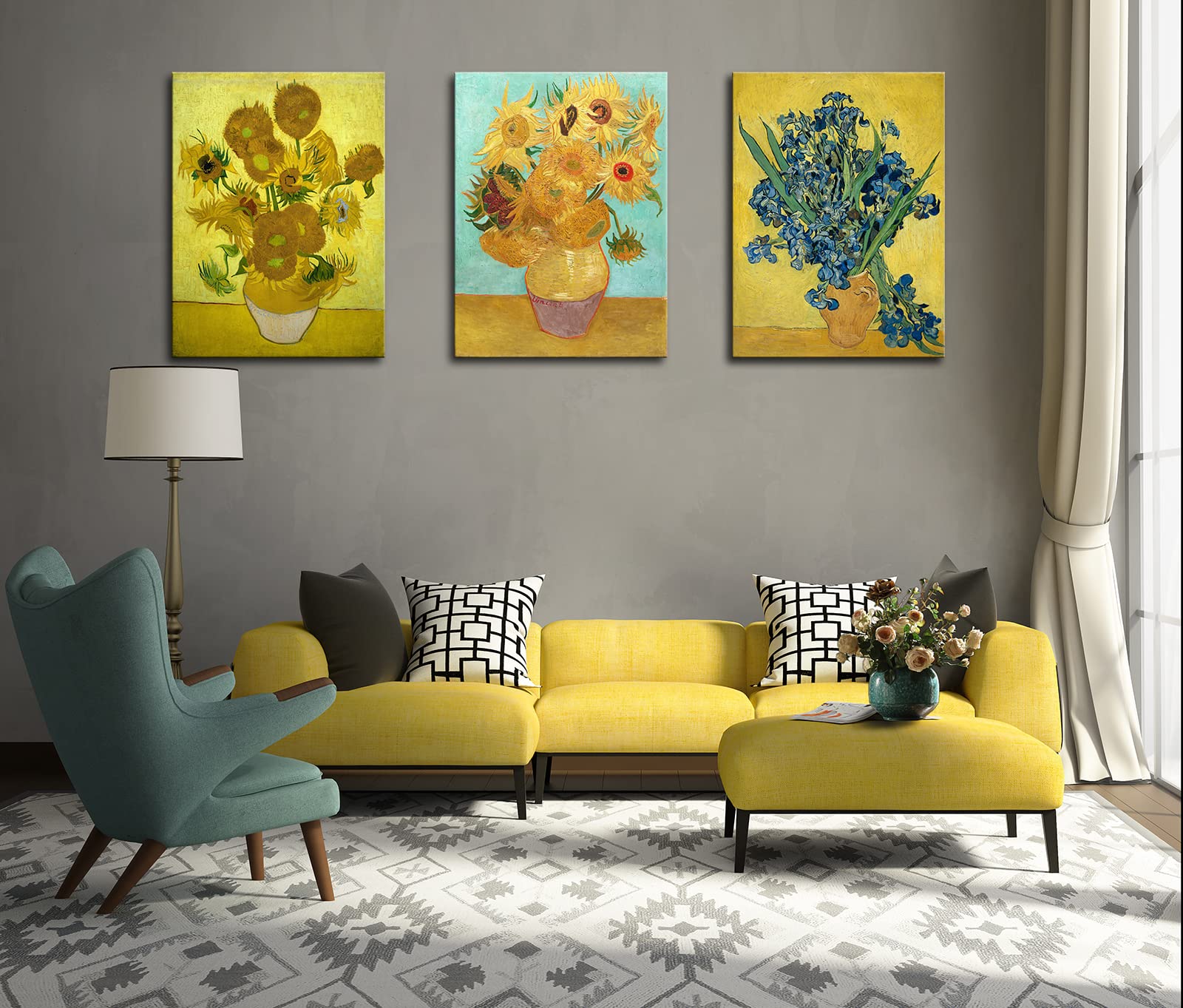 3 Panel Sunflower And Irises By Vincent Van Gogh Oil Paintings Reproduction Modern Floral Giclee Canvas Prints Artwork Flowers P