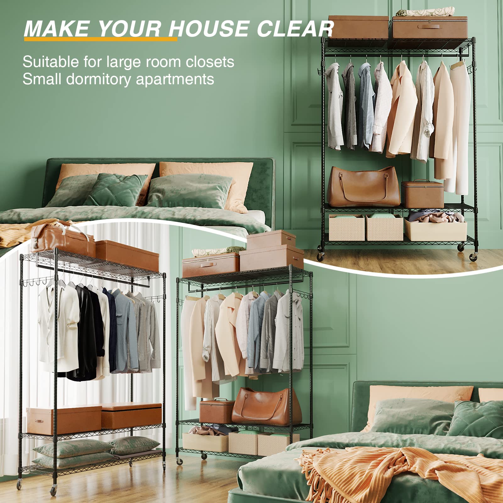 LEHOM G1 3 Tiers Garment Rack with Storage Shelves  Heavy Duty Rolling Free-Standing Clothing Rack Closet Organizer with Double Rods/Lockable Wheels & 2 Pairs Side Hooks  Max Load 450 LBS  Black