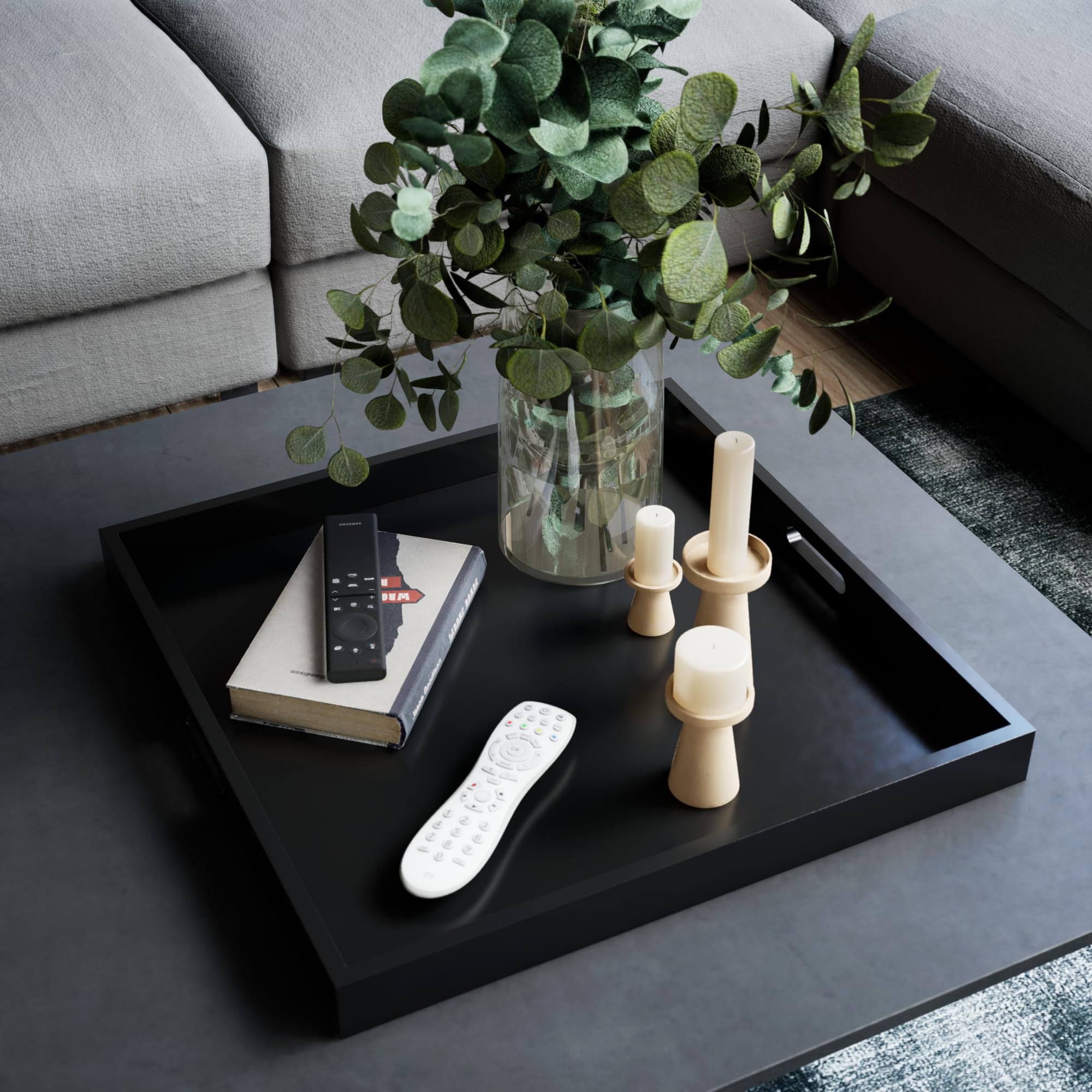 Hanobe Square Large Ottoman Tray: Modern Extra Large Black Serving Decorative Trays With Cutout Handles For Living Room Coffee T
