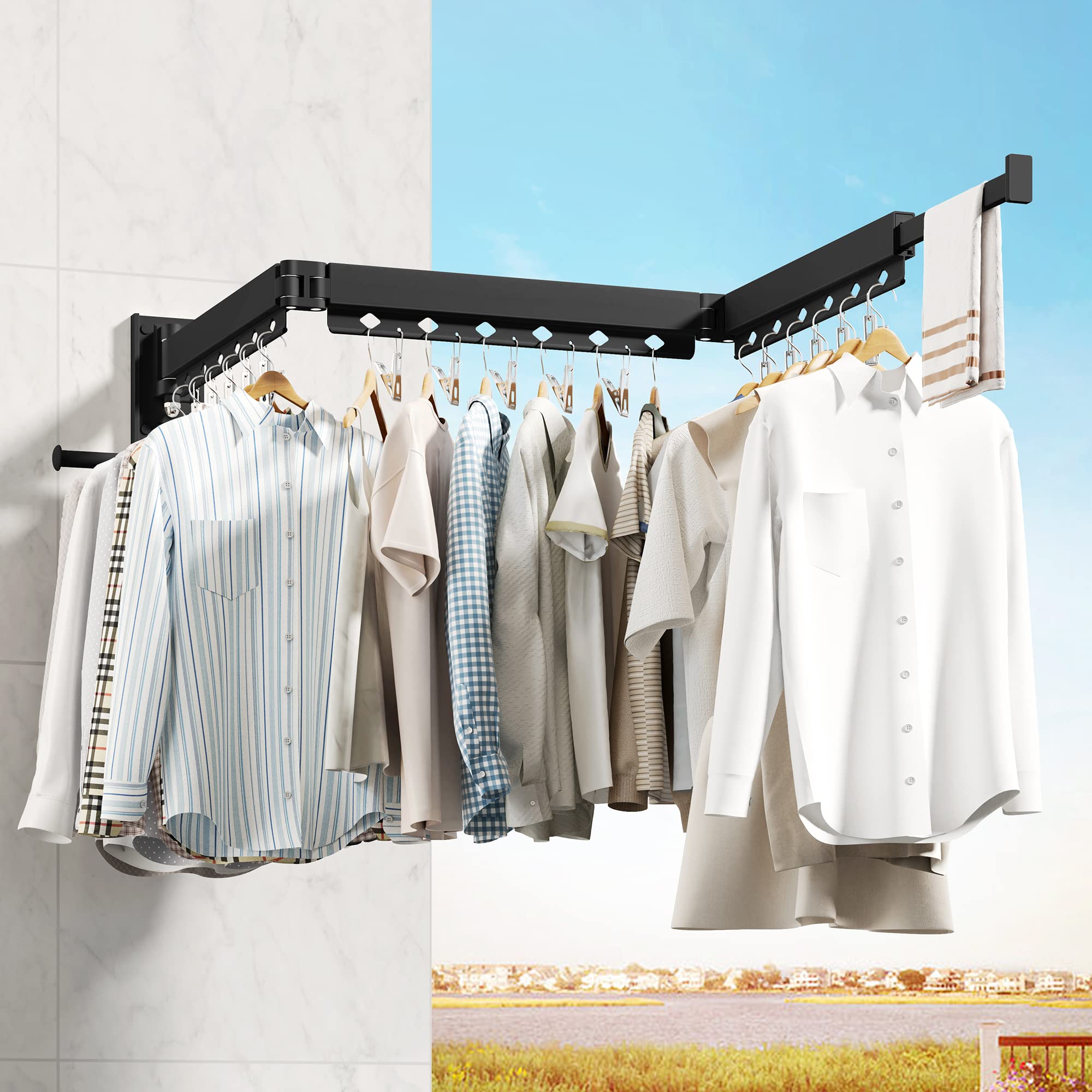 HEILAIYI Wall Mounted Clothes Hanger Clothes Drying Rack Laundry Drying Rack Clothes Rack Laundry Rack Wall Mount Retractable Collapsible Drying Rack Clothing (Windproof Holes with Clips) Black
