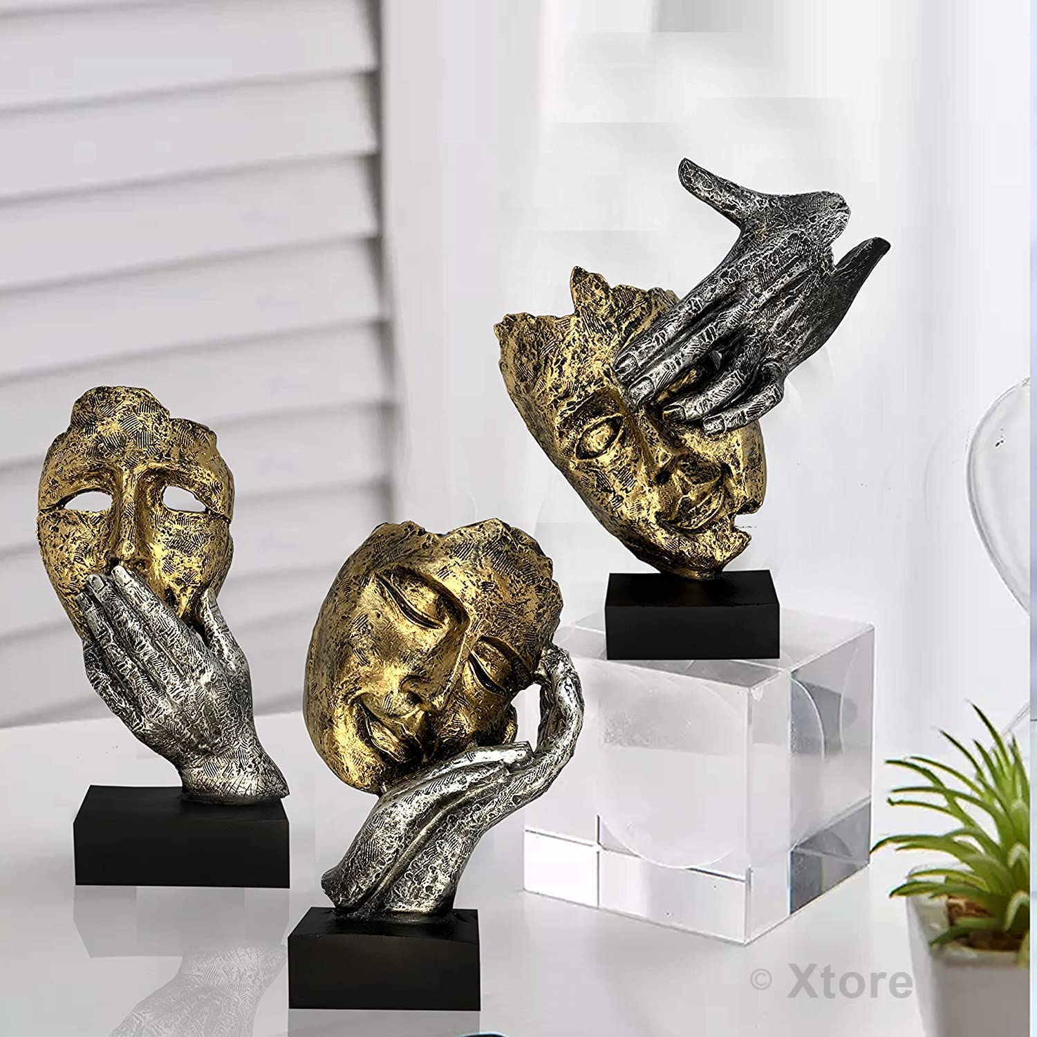 Xtore Human Face Decorative Statues | Handcrafted And Hand Painted (Pack Of 3, Gold & Silver)