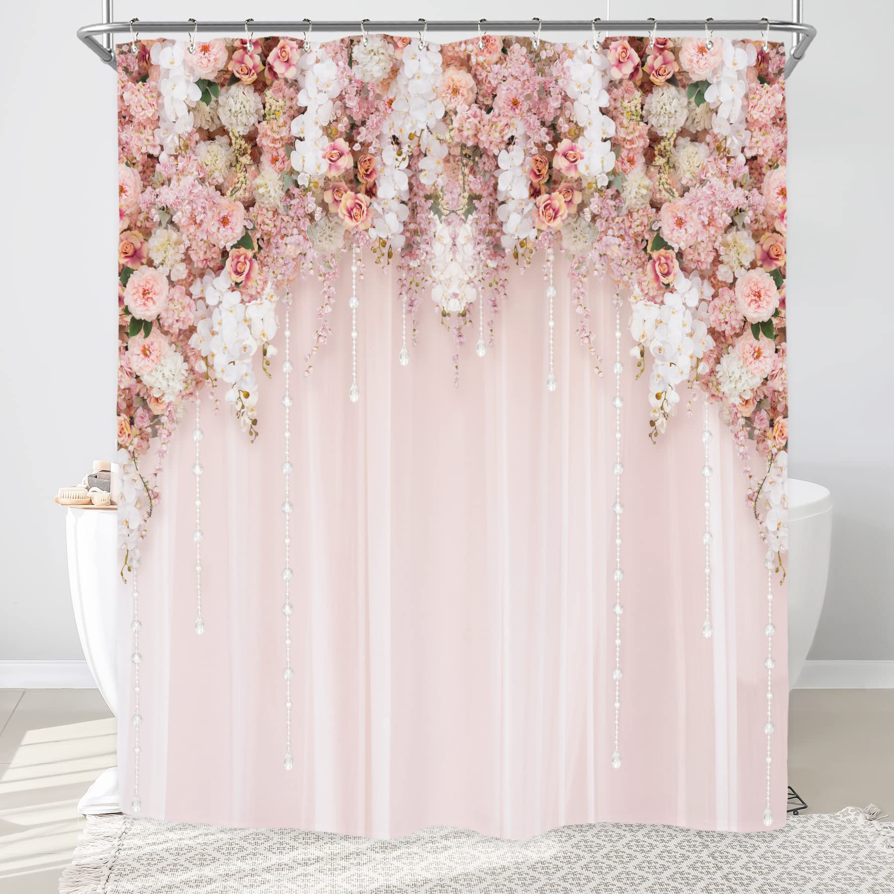 Riyidecor Bridal Floral Elegant Shower Curtain for Bathroom Decor 72Wx72H Wedding Flower Pink Rose Blossom Women Girl Spring Nat
