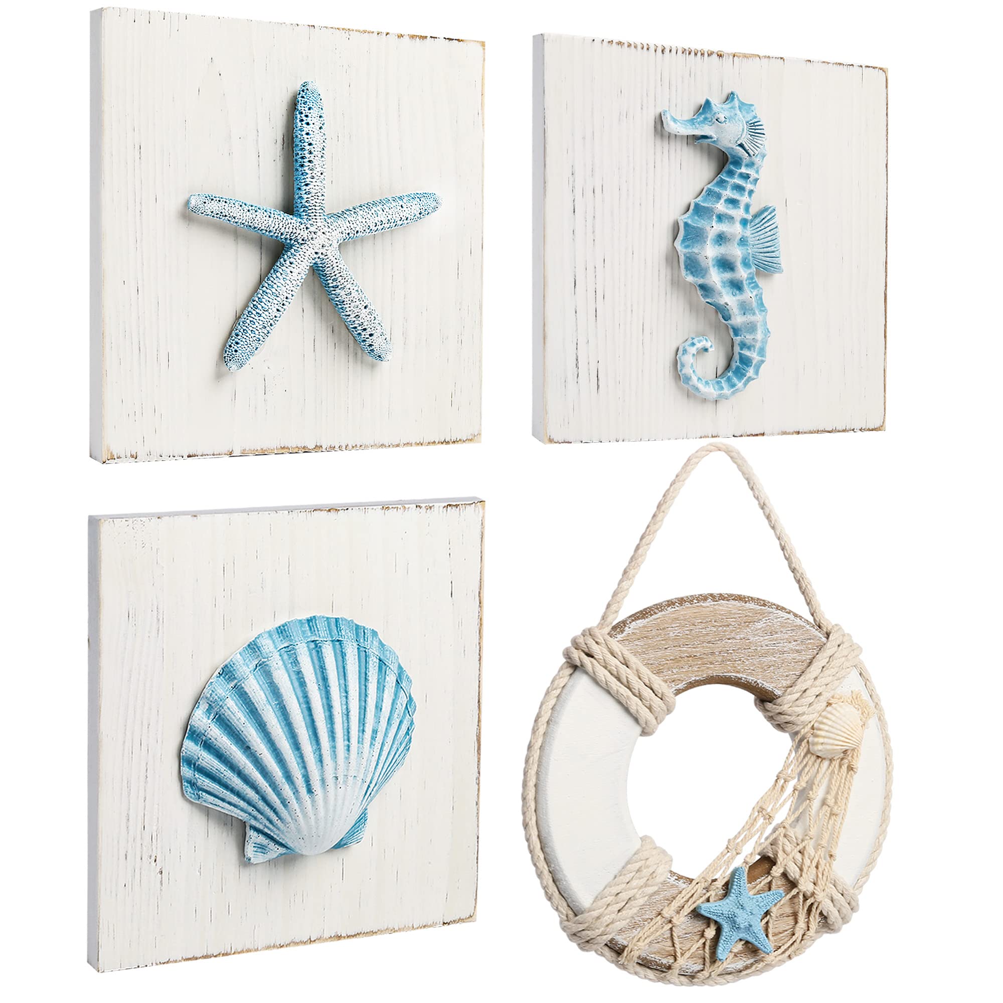 LotFancy Beach Wall D  cor, 4 Pack, 3D Seashell, Starfish, Seahorse and Lifesaver Buoy Decorations on Wood Board, Rustic Ocean C