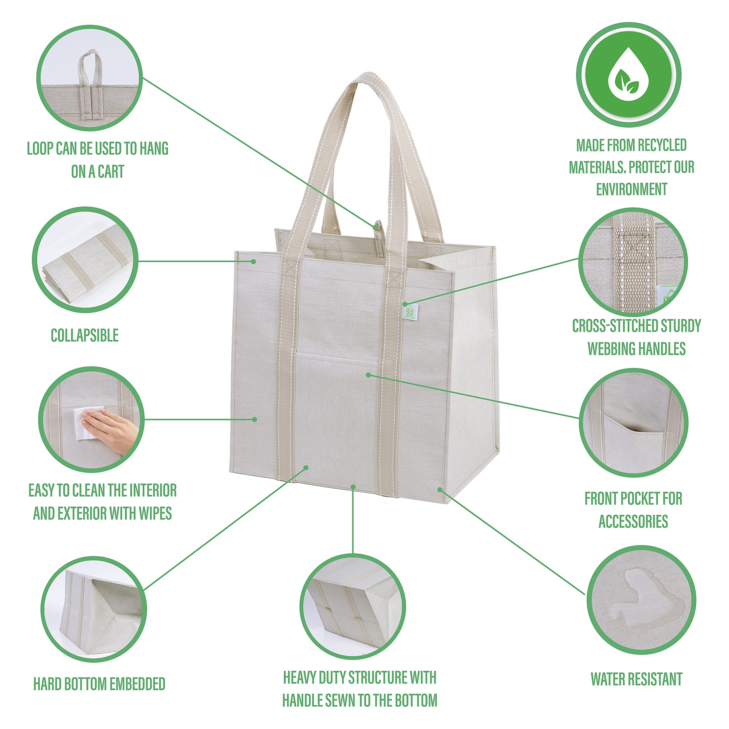 Veno 4 Pack Reusable Grocery Shopping Bag W/Hard Bottom, Foldable, Multi-Purpose Heavy-Duty Tote, Daily Utility Bag, Stands Upri