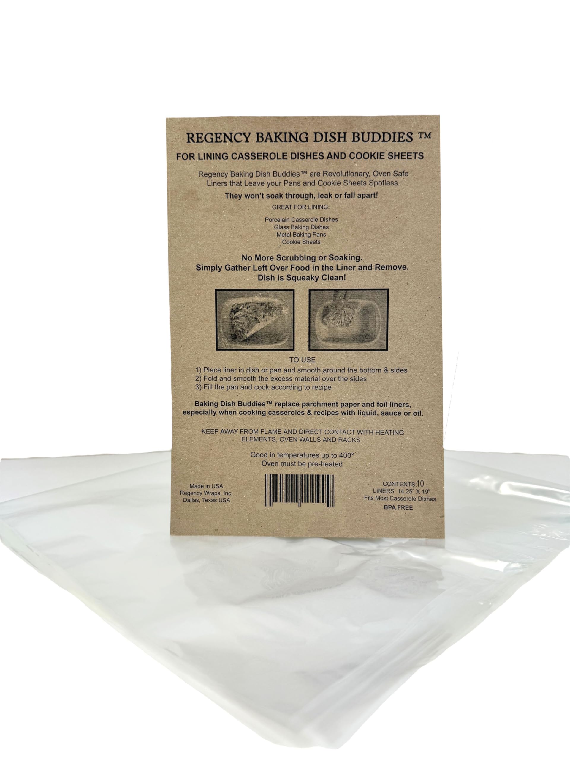 Regency Wraps Baking Dish Buddies, 14.5'' X 19'' Pack Of 10 Non-Stick Liners For Mess-Free Casseroles Dishes, Baking Sheets, Gla