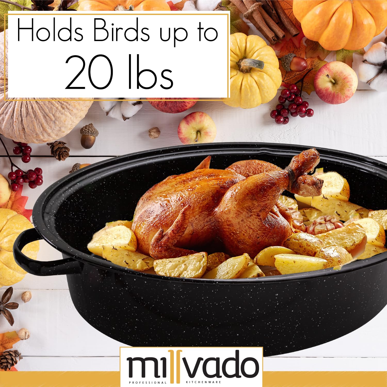 Millvado Roasting Pan With Lid, Thanksgiving Turkey Roaster Pan, Extra Large 20 Lb Capacity, 19'' Granite Oven Roaster Oval Shap