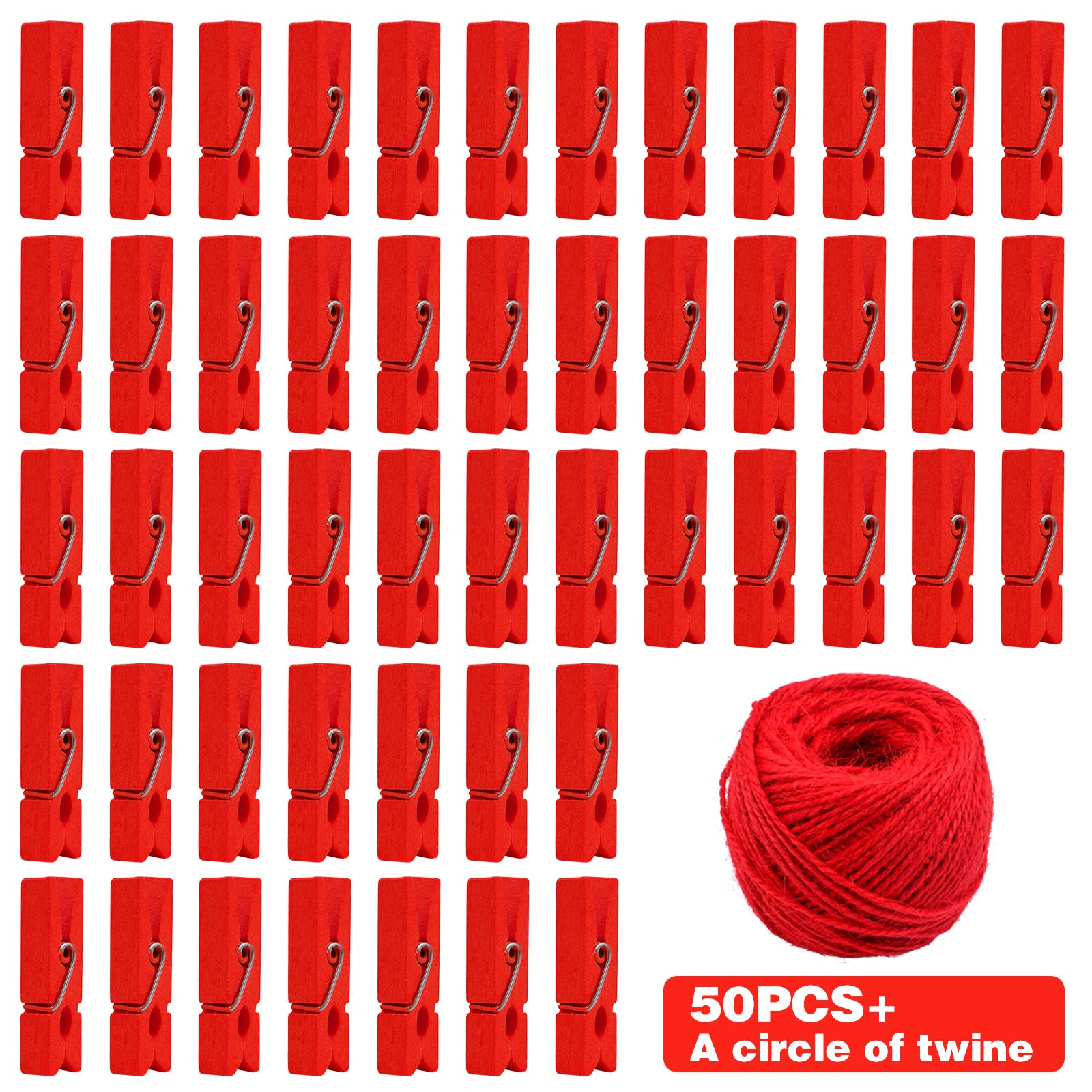 Bronagrand 50 Pieces Red Wooden Clothespins Photo Paper Clips Mini Laundry Peg Pins With 50 Meters Twine For Diy Crafts Christma