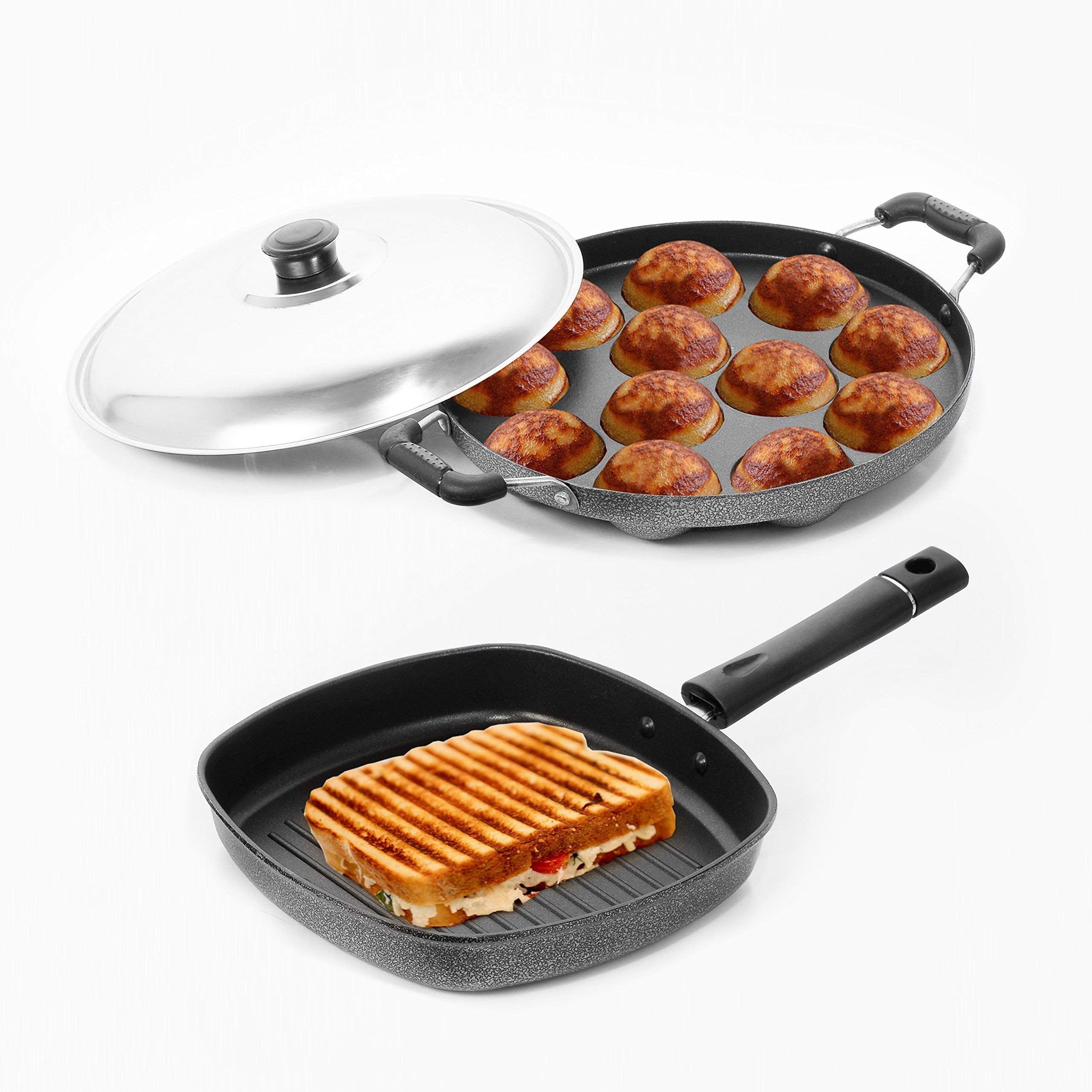 Sumeet Nonstick Stainless Steel Amez Grill Pan  22Cm And Grill Appam Patra Combo Set (Silver)  12 Pcs
