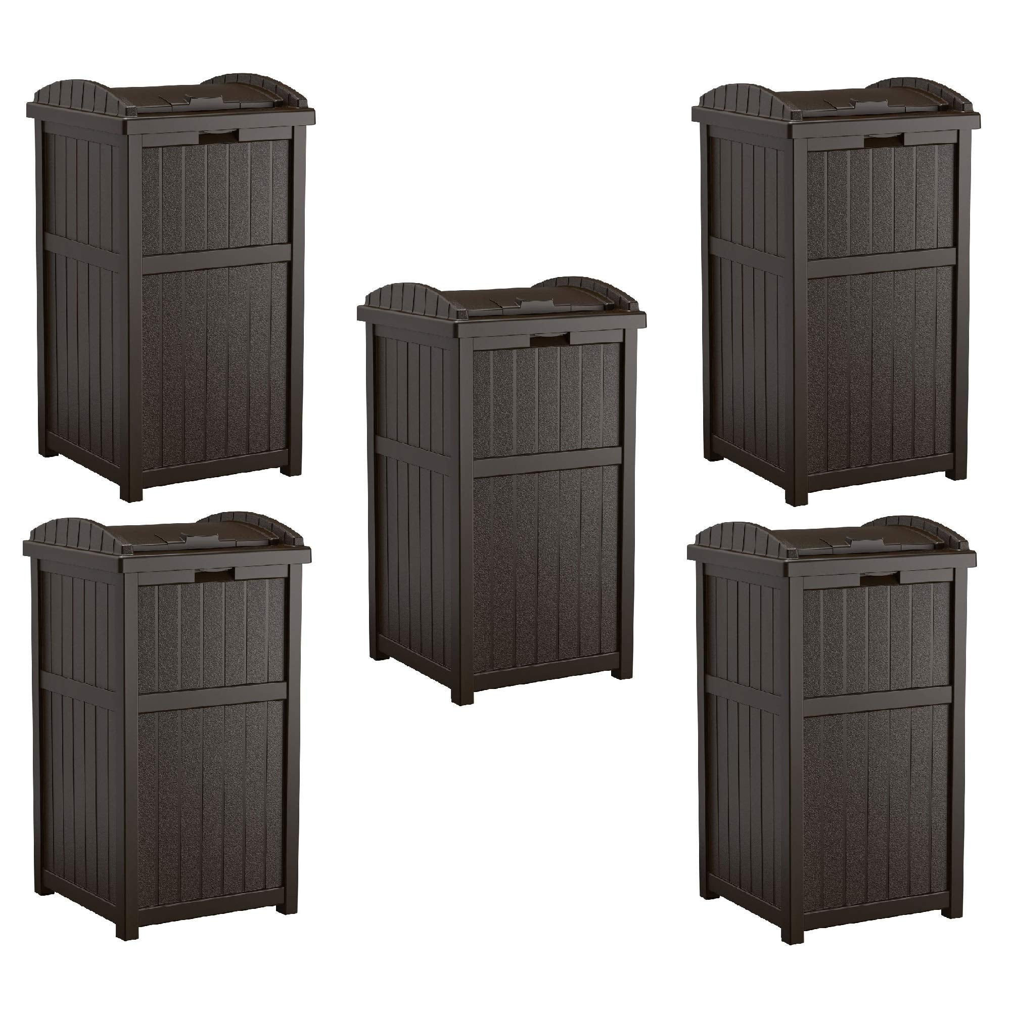 Suncast Hideaway Outdoor Patio 33 Gallon Capacity Garbage Waste Or Recycling Trashcan Bin With Secure Latching Lid, Java (5 Pack