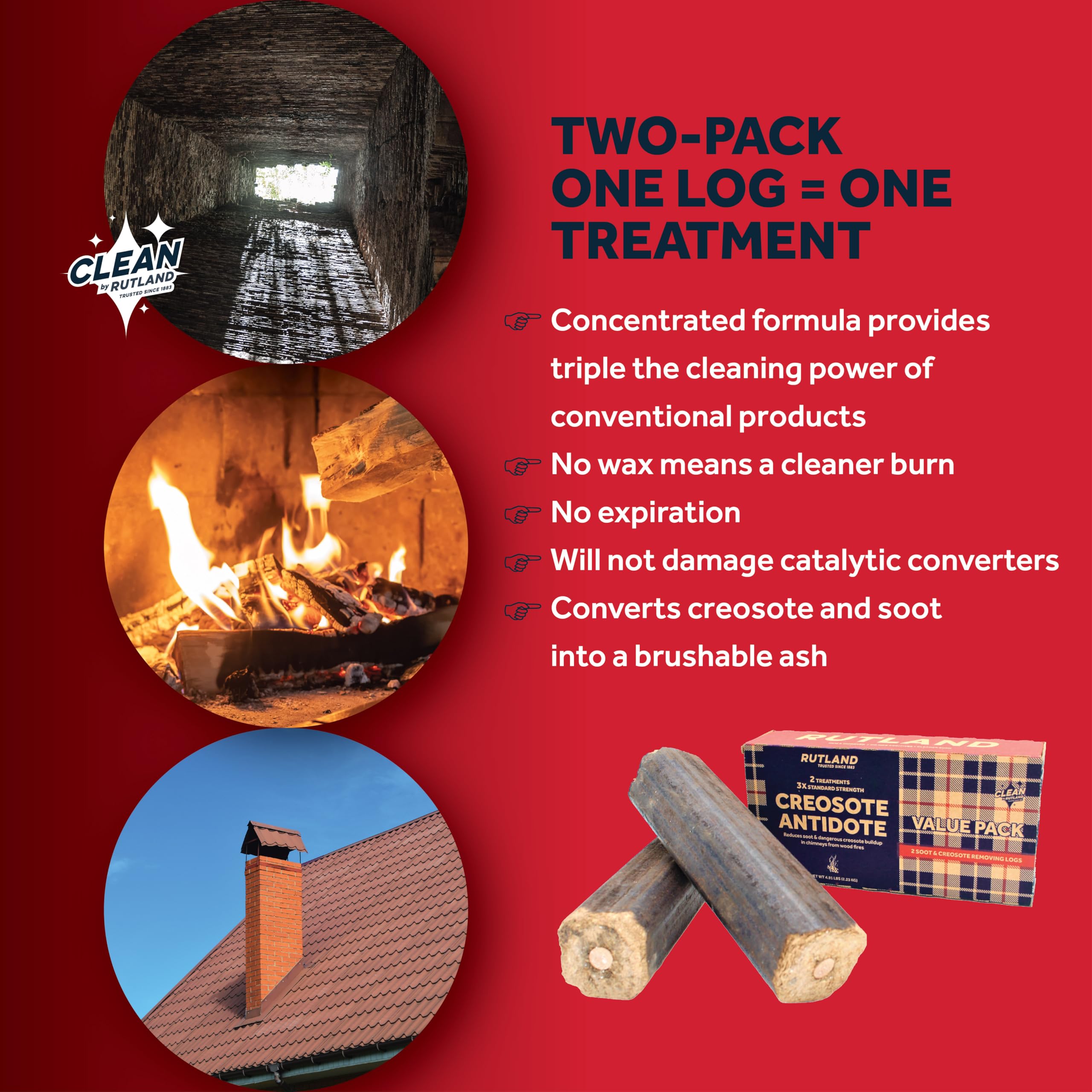 Rutland Creosote Antidote  Chimney Cleaning Fire Logs  2-Pack Creosote Sweeping Firelogs  2.45 lbs Each Treatment