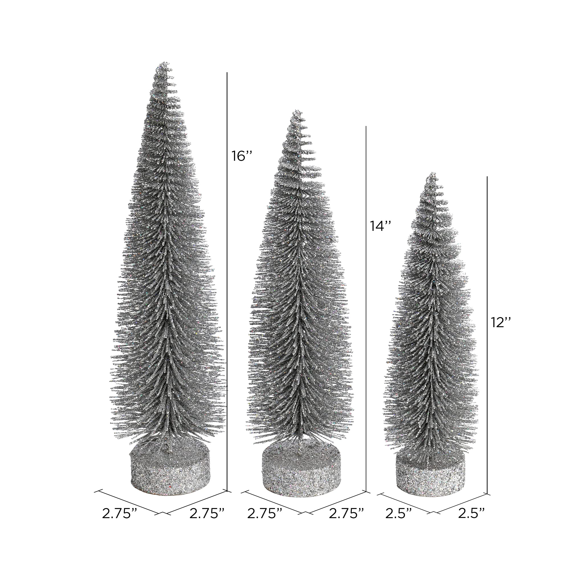 Vickerman 12-14-16 Silver Glitter Oval Pine Artificial Christmas Tree, Set of 3 - Faux Christmas Tree Set - Seasonal Indoor Home